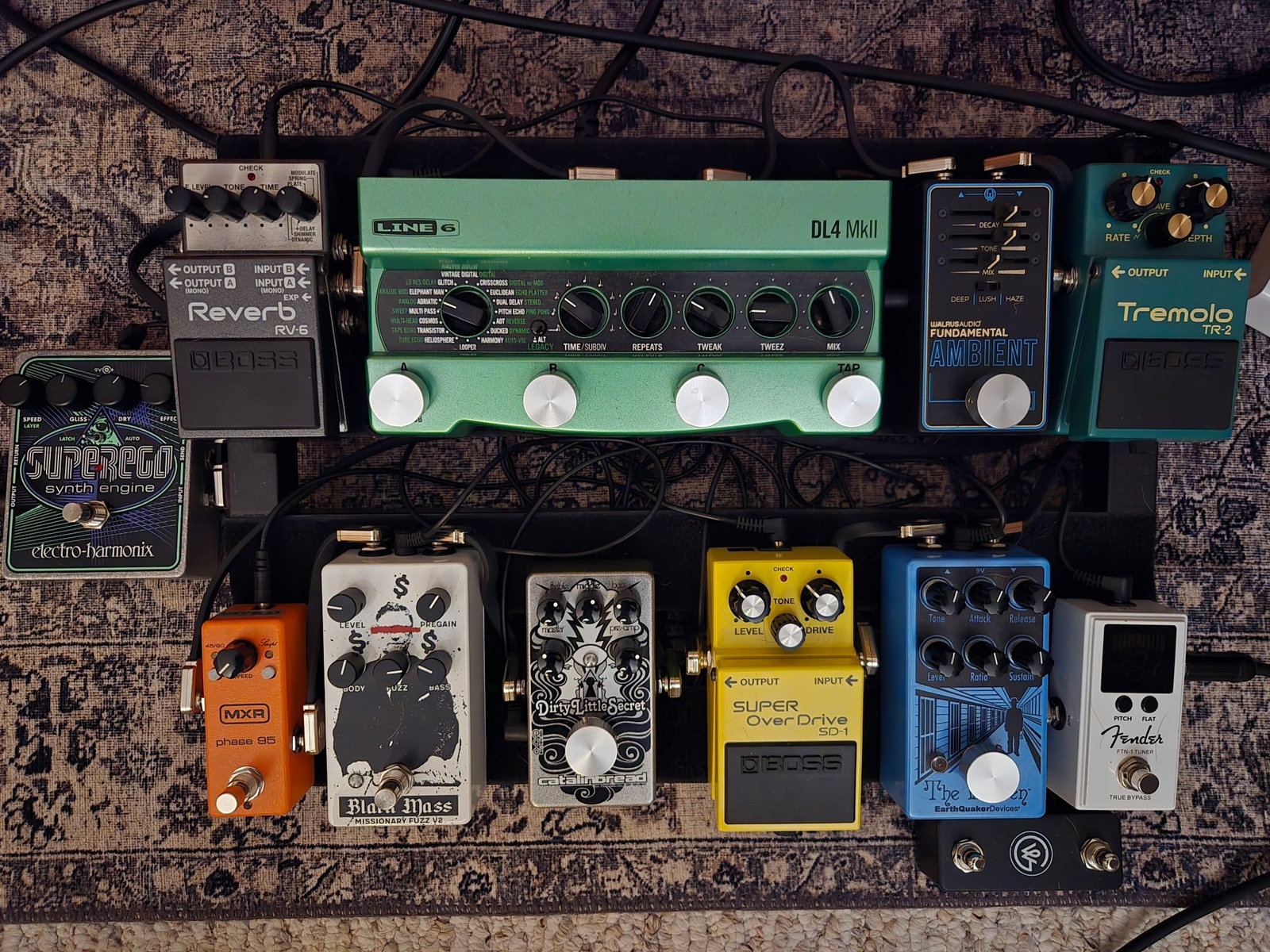 Music Gear Setup by bsails featuring Boss RV-6 Reverb, Line 6 DL4 MkII, and Walrus Audio Fundamental Series Ambient Pedal and 6 more pieces of gear