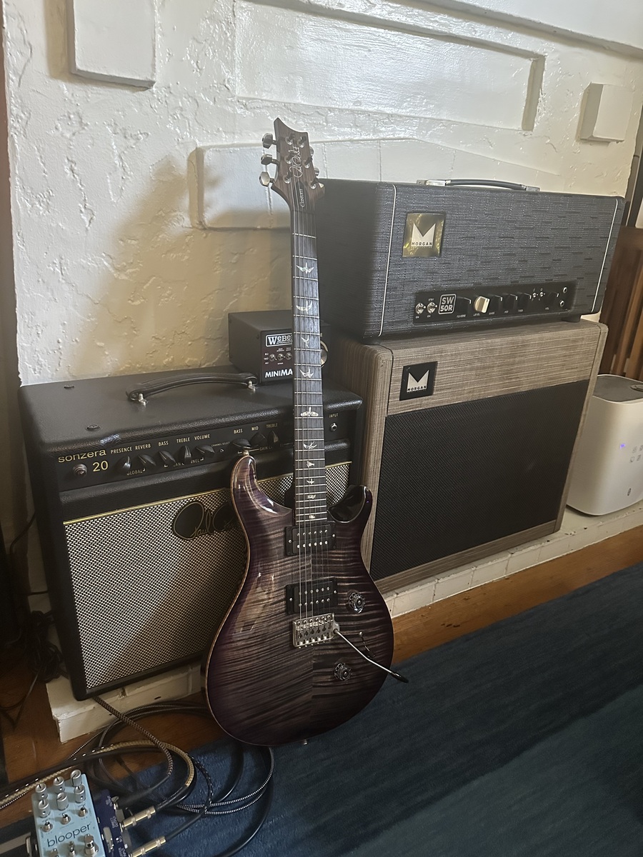 Morgan Amp Rig by edgedancer featuring Morgan SW50R 50W Valve Amp Head, Morgan Amplification SW22R C 22-Watt 1x12" Guitar Combo with Reverb, and PRS Sonzera 20 20-watt 1 x 12-inch Combo Amplifier with Celestion Heritage G12-65 and 1 more piece of gear