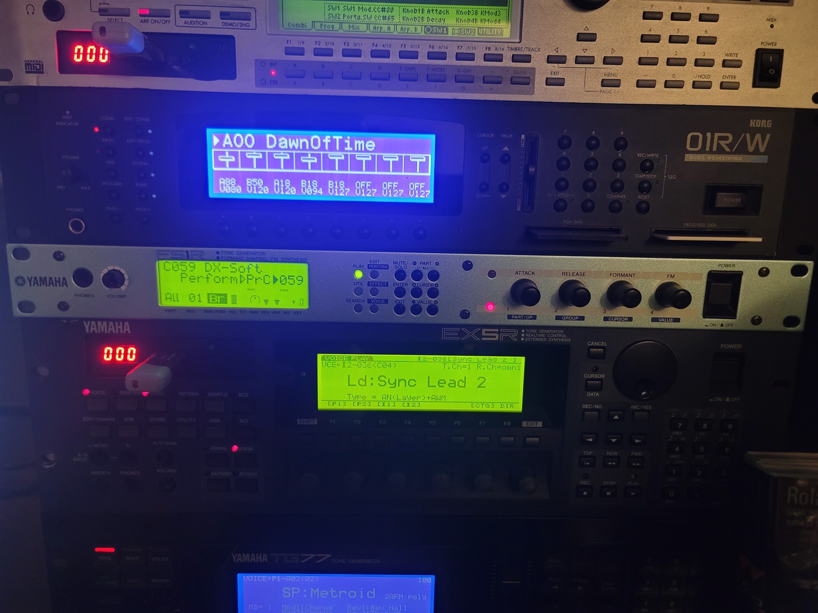 Electronic Studio Setup by orcasynth featuring Korg Triton Rack Synthesizer, KORG 01R/W, and Yamaha FS1R and 2 more pieces of gear