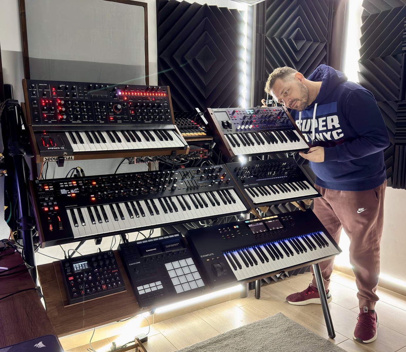 Electronic Studio Setup by vangart featuring Sequential Pro-3 Special Edition, Novation Summit 61-Key 16-Voice Synthesizer, and Korg Multi/Poly Analog Modeling Synthesizer and 7 more pieces of gear