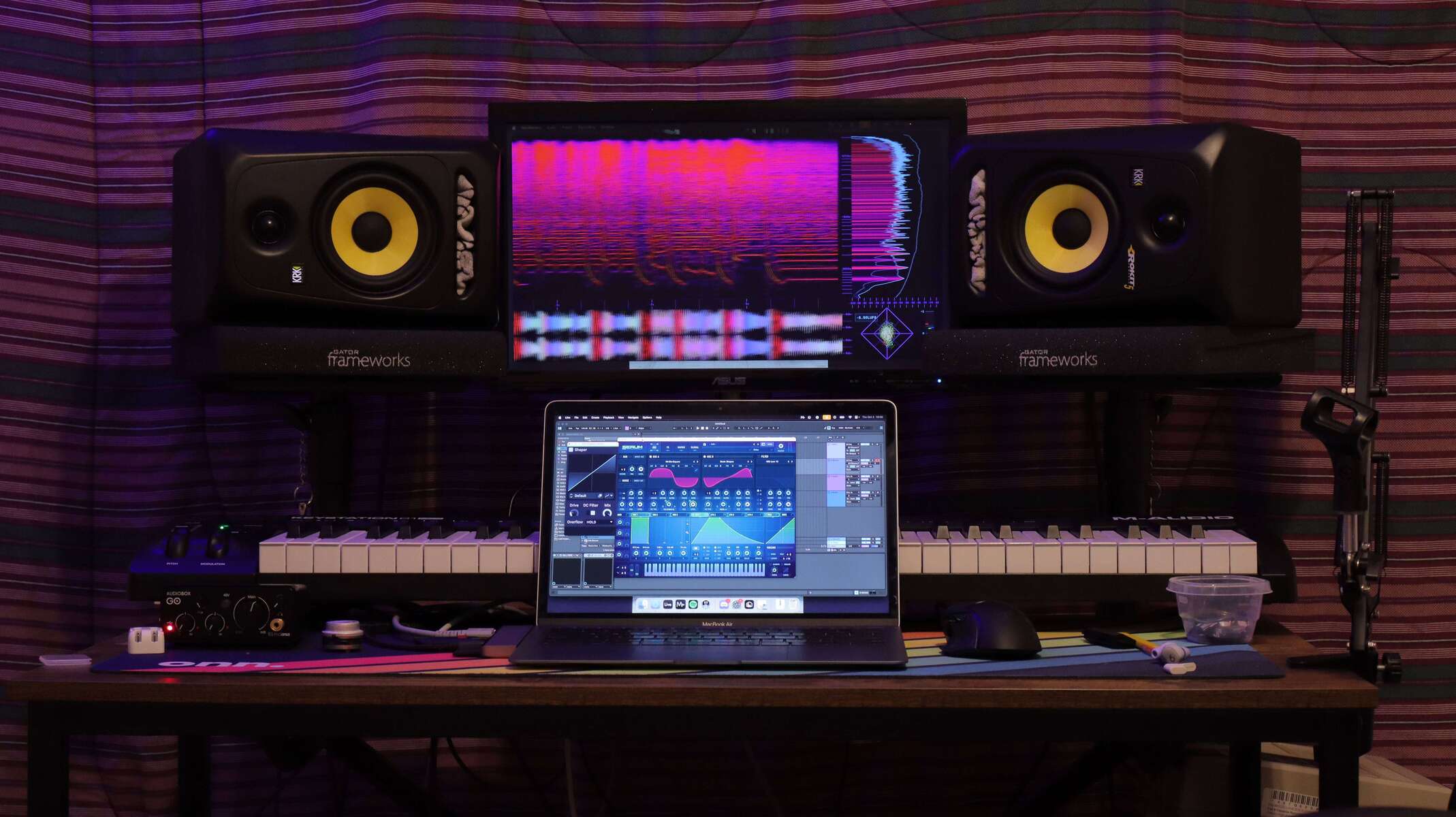 Electronic Studio Setup by flickysound featuring KRK ROKIT 5 G3 Studio Monitor, M-Audio Keystation 61 MK3 MIDI Keyboard Controller, and Apple MacBook Air (General) and 1 more piece of gear