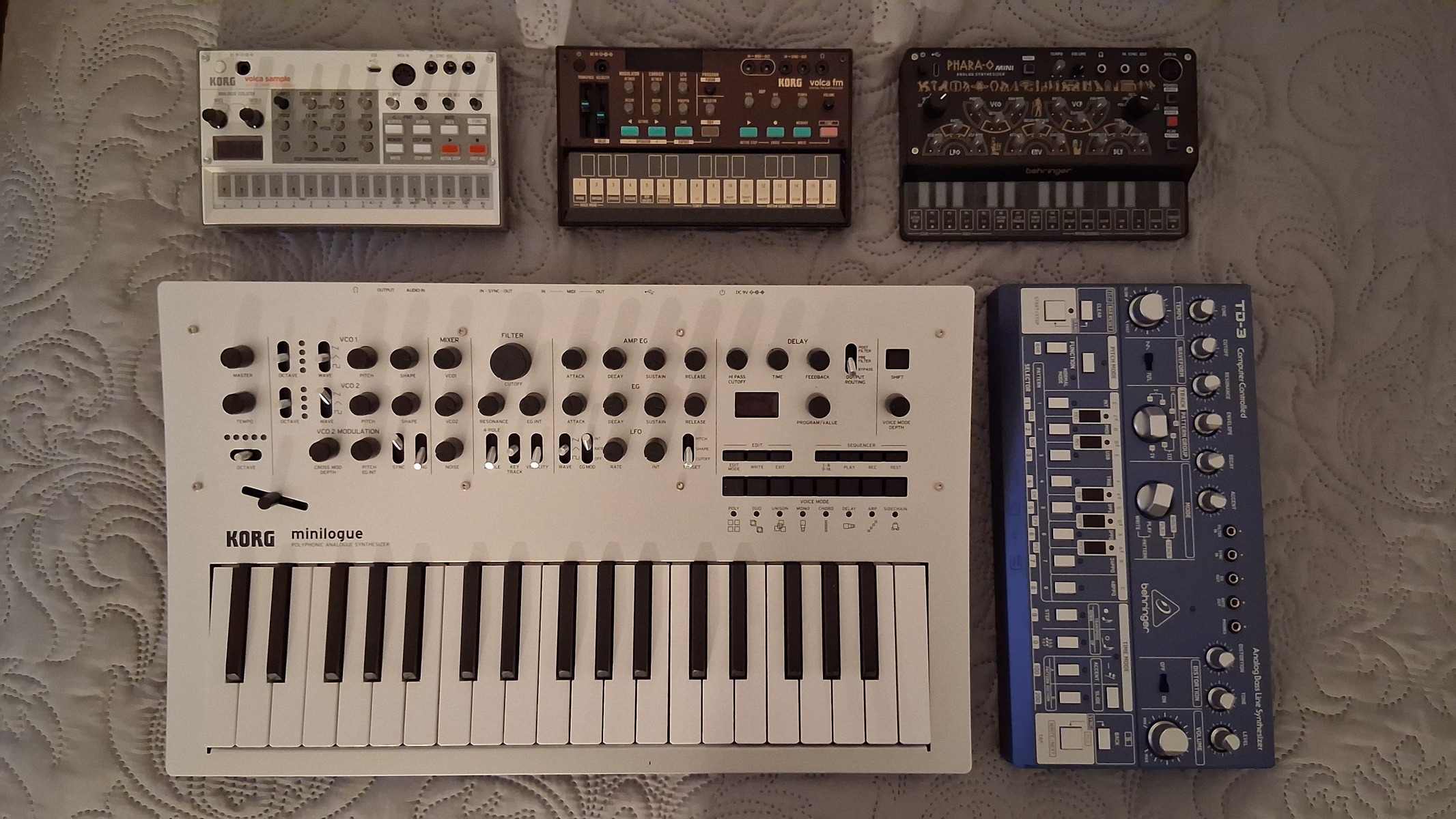 Electronic Synth Setup by santtu_pesonen featuring Korg Minilogue, Behringer TD-3-BU, and Behringer Phara-O Mini Polyphonic Analog Synthesizer and 2 more pieces of gear