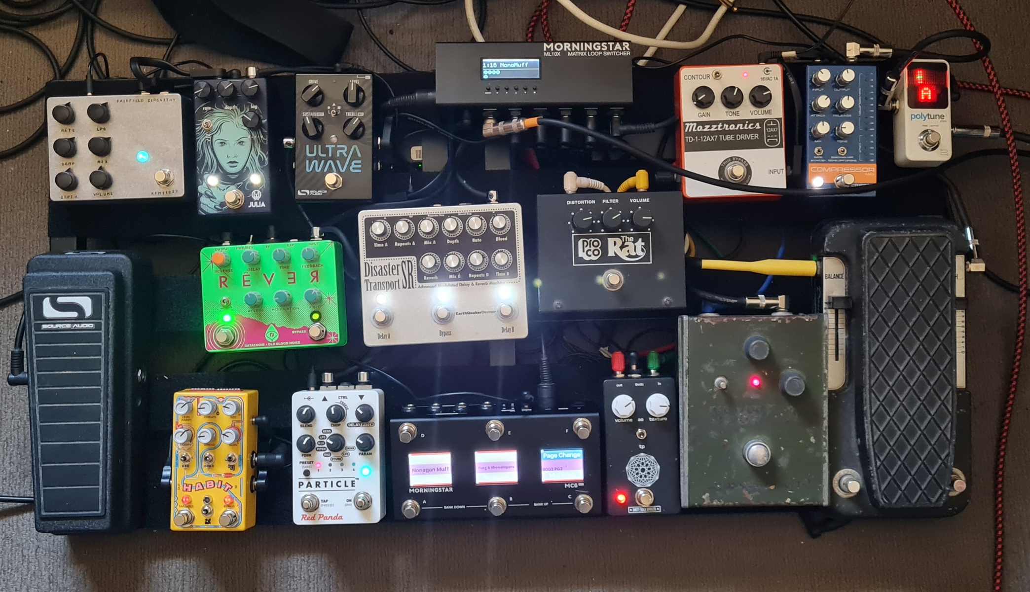 Pedalboard by trajectory featuring Fairfield Circuitry Shallow Water, Walrus Audio Julia V2, and Source Audio Ultrawave Multiband Processor and 14 more pieces of gear