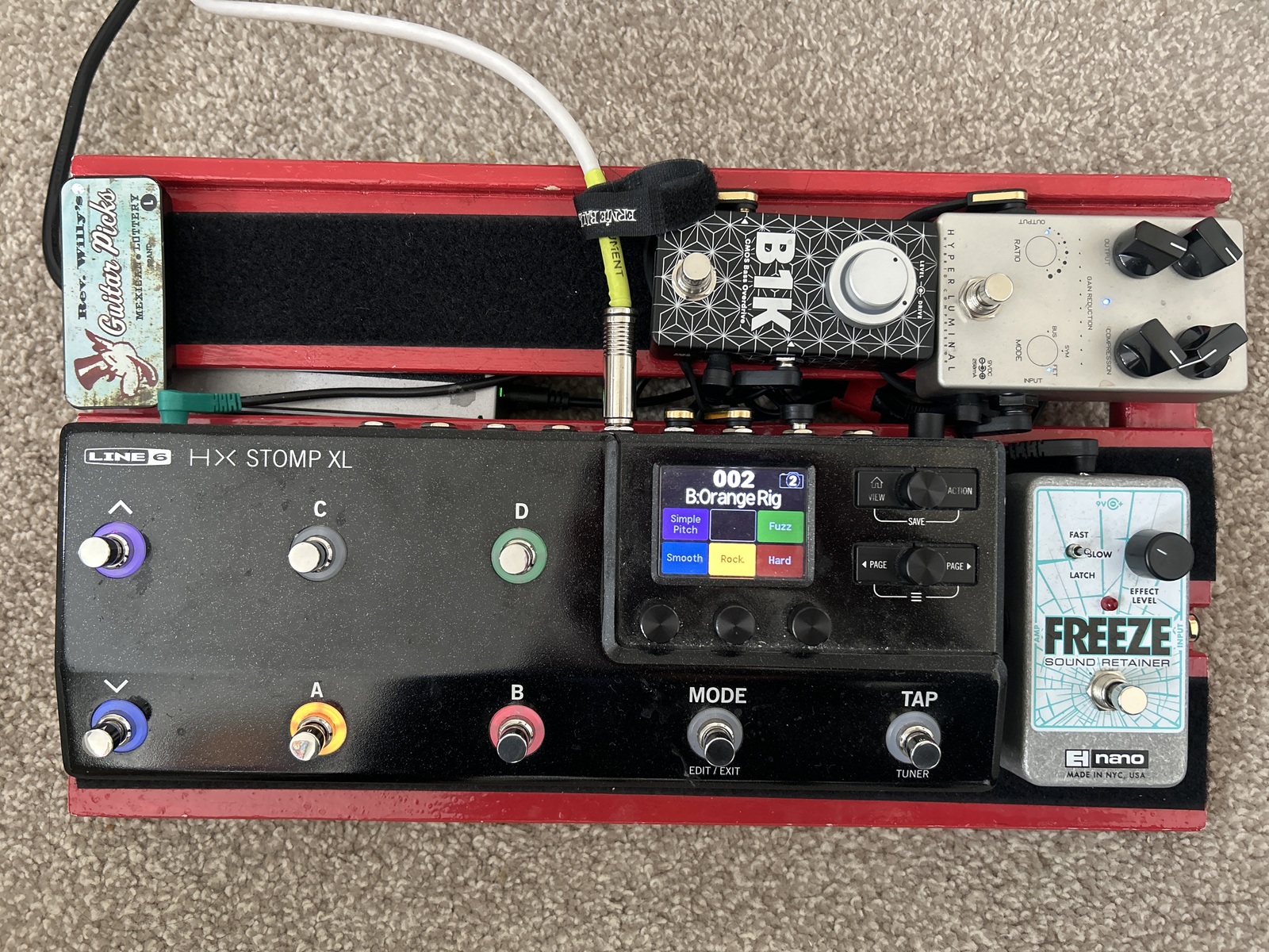 Pedalboard by chrisdesign featuring Ernie Ball 10 Ft. Straight/Angle Instrument Cable, Line 6 Hx Stomp XL, and Electro-Harmonix Freeze Sound Retainer and 4 more pieces of gear