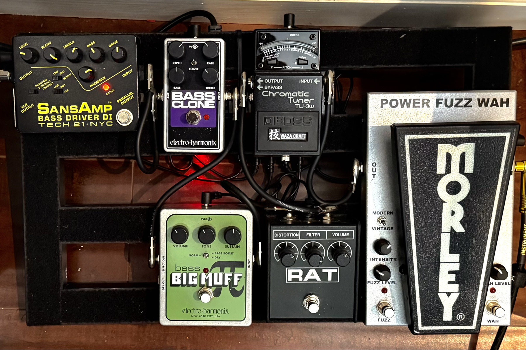 Pedalboard by colby_haugen_xlvii featuring Tech 21 SansAmp Bass Driver Direct Input, Electro-Harmonix Bass Clone, and Electro-Harmonix Bass Big Muff Pi Fuzz and 8 more pieces of gear