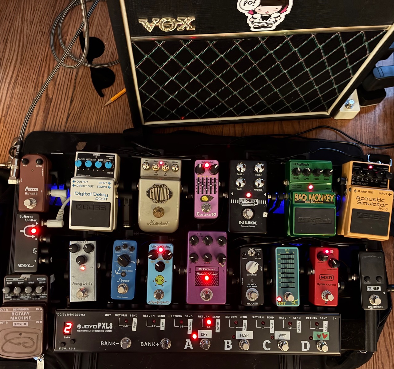 Pedalboard by simon_j_dodd featuring Vox Pathfinder 15, Joyo PXL-8 Programmable Looper/Switcher, and MXR M291 Dyna Comp Mini and 13 more pieces of gear