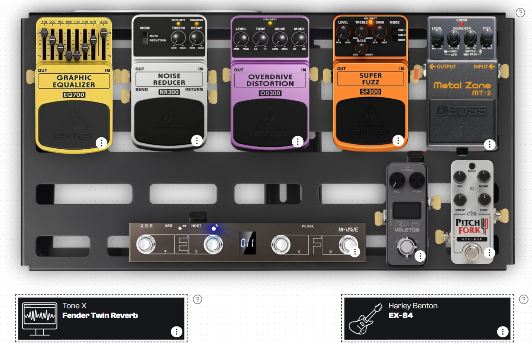Metal Pedalboard by j_k_musicprod featuring Behringer EQ700 Graphic Equalizer, Behringer NR300 Noise Reducer, and Behringer OD300 Overdrive Distortion and 6 more pieces of gear