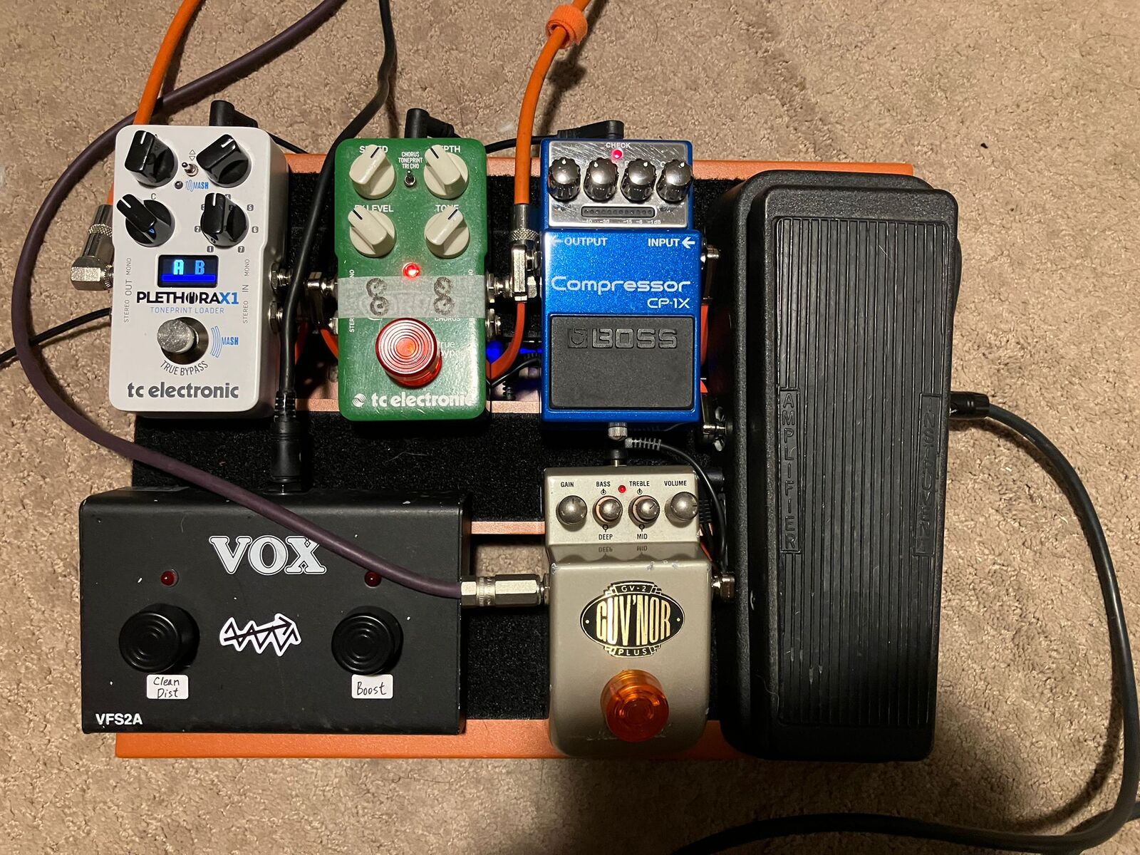 Metal Pedalboard by king_andrew featuring Dunlop GCB95F Cry Baby Classic Wah Wah, Marshall GV-2 Guv'nor Plus, and Boss CP-1X Compressor and 4 more pieces of gear