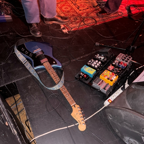 Photo of Electronic Audio Experiments Model feT and more gear in a pedalboard and guitar
