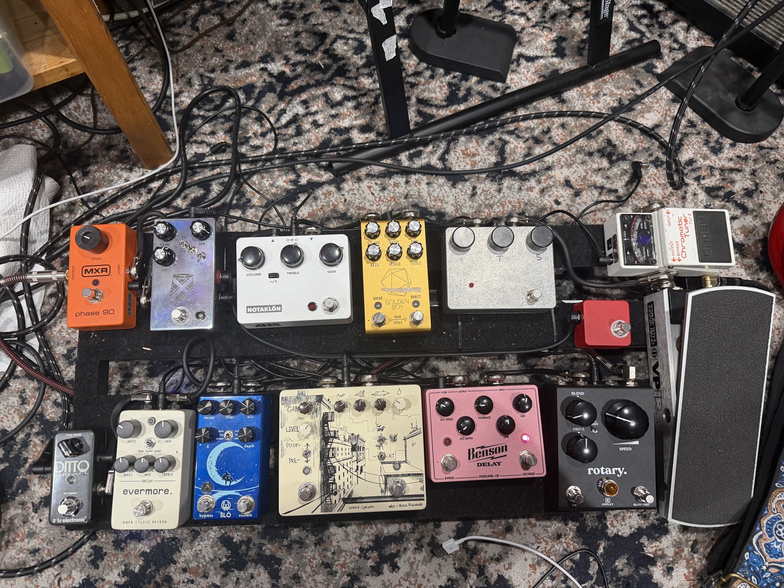 Pedalboard by jackwilliam featuring Boss TU-2 Chromatic Tuner, Electro-Harmonix Big Muff Pi, and Jackson Audio Joey Landreth Golden Boy and 10 more pieces of gear