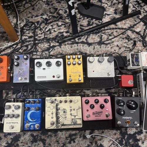 Photo of Keeley Rotary and more gear in a pedalboard, pedal, guitar, and signal chain
