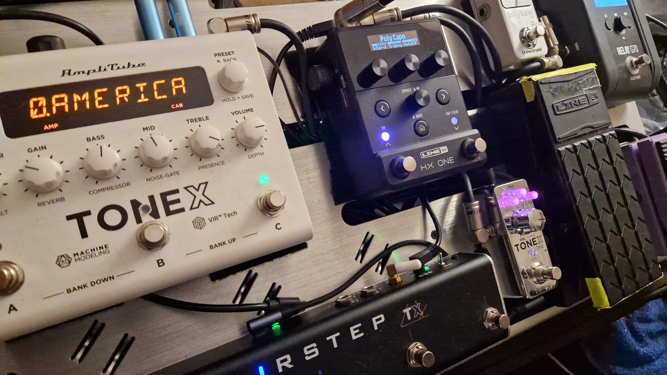 Metal Pedalboard by tmaxxuk featuring IK Multimedia Joe Satriani Signature ToneX One, IK Multimedia TONEX Pedal Amplifier/Cabinet/Pedal Modeler, and Xsonic Airstep TX Edition Footswitch and 7 more pieces of gear