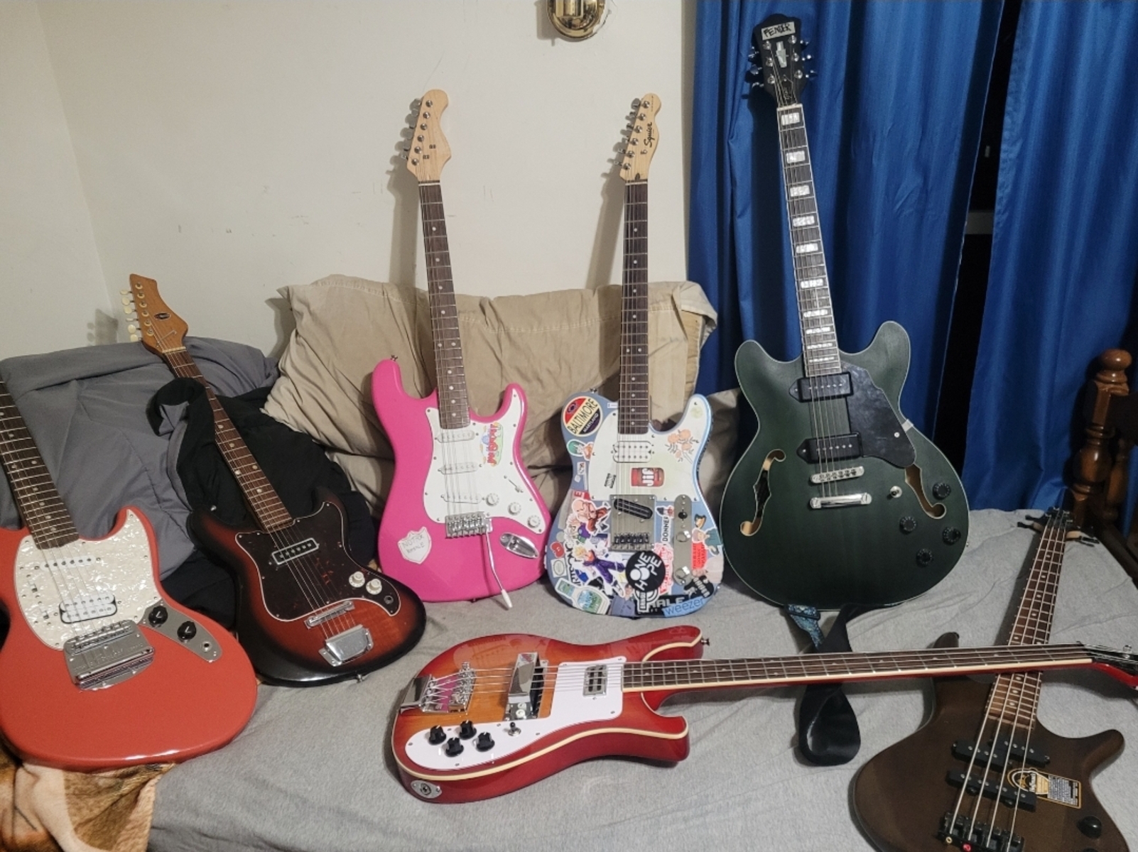 Music Gear Setup by zekeneely featuring Fender Jag-Stang Electric Guitar, Squier Telecaster, and Grote 335 Style Jazz Electric Guitar Flame Maple top Semi-Hollow Body Matte Finished P90 Pickups and 2 more pieces of gear
