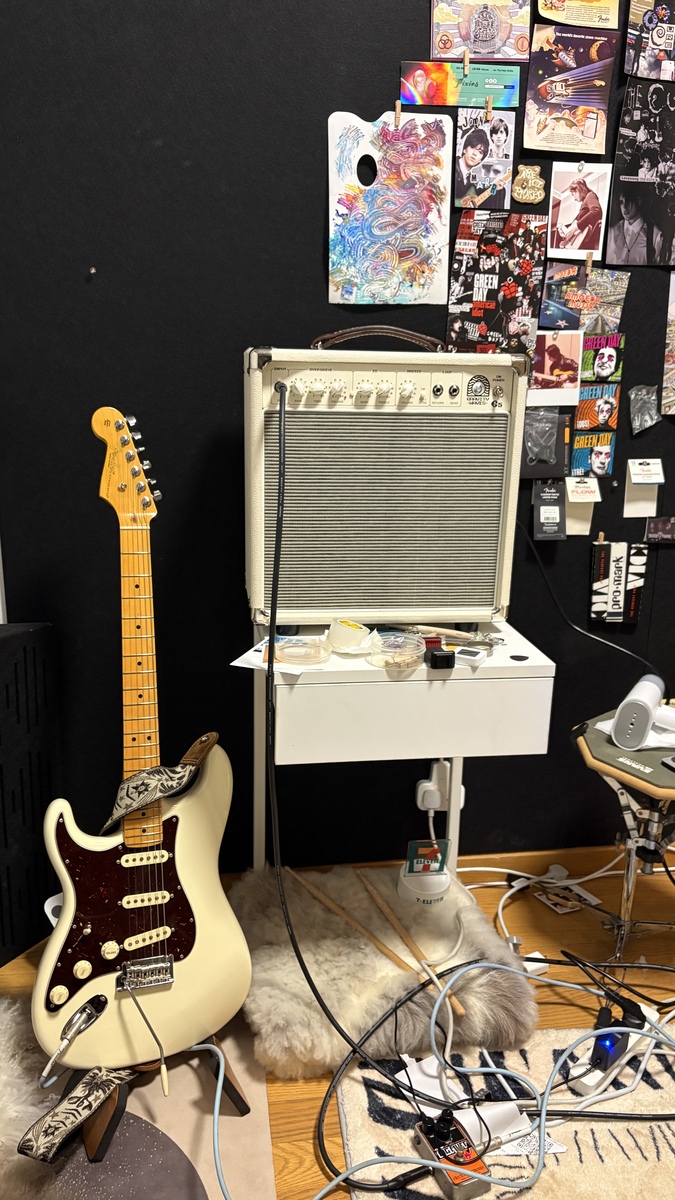 Pedalboard by kelly_liu featuring Fender American Professional II Stratocaster Maple Fingerboard Left-Handed Electric Guitar Olympic White, Gravity Waves Music G5 Amp, and Electro-Harmonix Op-Amp Big Muff Pi