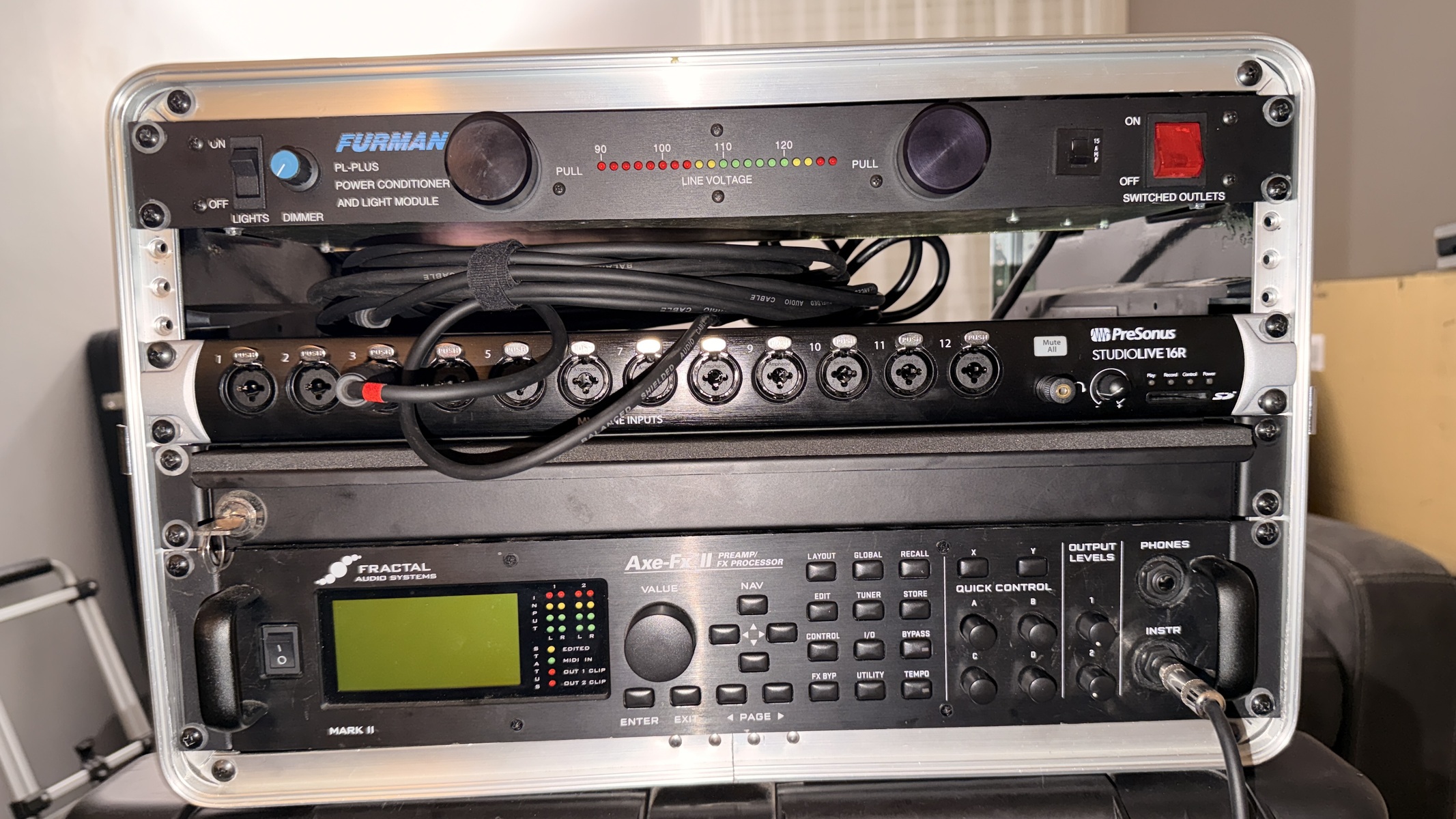 Metal Studio Setup by nopenotjohn featuring Furman PL-PLUS Power Conditioner/Light Module, PreSonus StudioLive 16R 16 Channel Rackmount Mixer, and Fractal Audio Axe-FX II Mark II