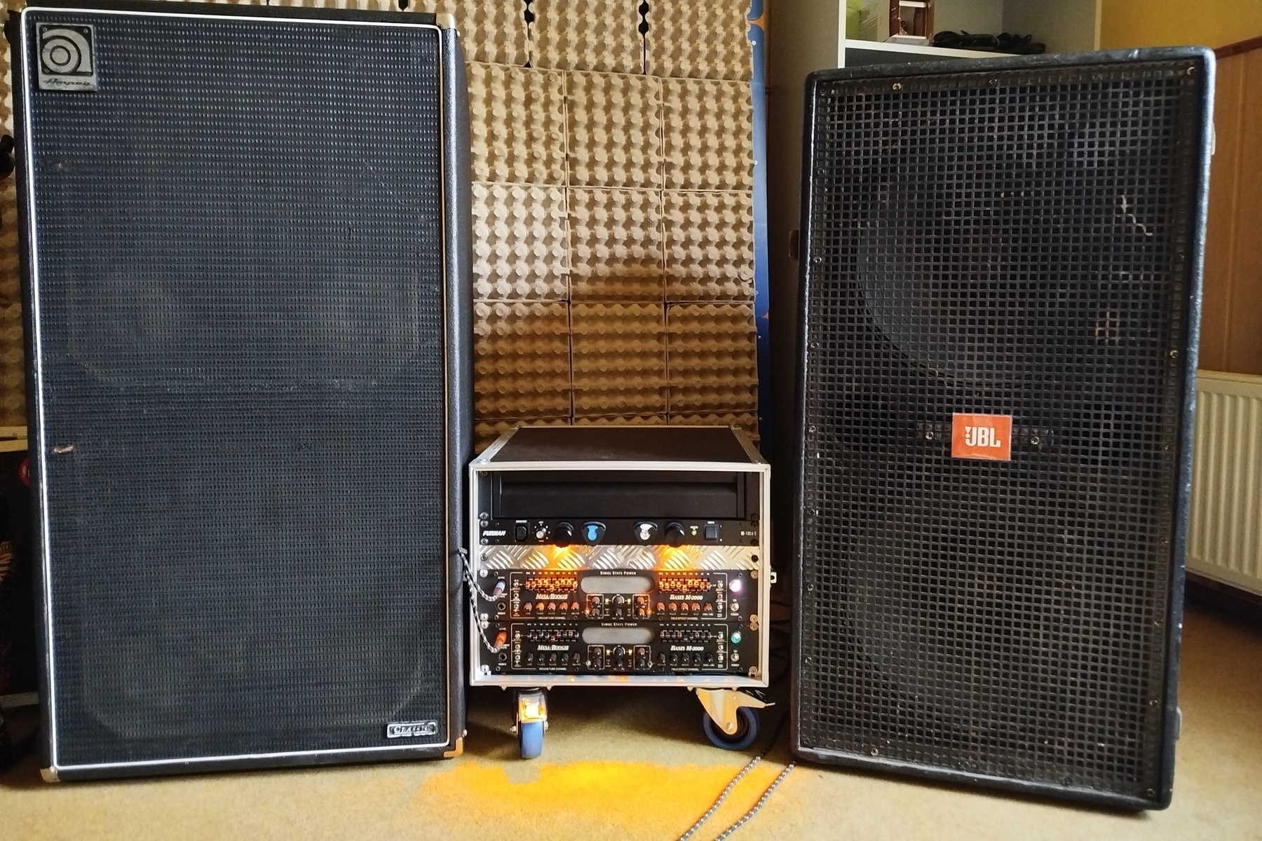 Metal Studio Setup by orty156 featuring Ampeg Custom 2x15 Cabinet, Mesa/Boogie Basis M-2000 Head, and Eminence Speakers Eminence Kappa Pro-15A Professional Series 15" 500-Watt Replacement PA Speaker 8 Ohm and 1 more piece of gear