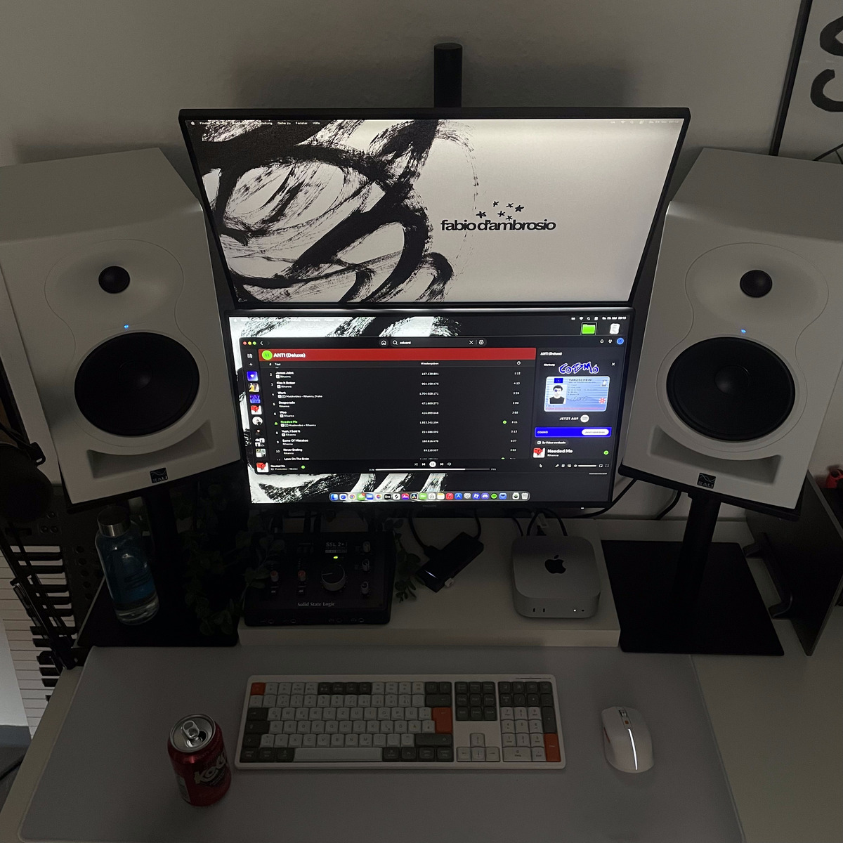 Electronic Studio Setup by fabiodambrosiomusik featuring Kali Audio Lp-6 V2 (2nd Wave), Apple Mac Mini M4 Chip, and Solid State Logic SSL 2+ MKII 2 x 4 USB-C Audio Interface and 4 more pieces of gear