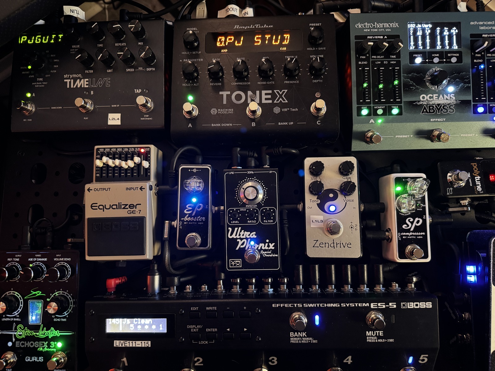 Pedalboard by johnnyjrivera featuring TC Electronic Polytune Mini 3 Noir, Boss ES-5 Effects Switching System, and Xotic Effects SP Compressor and 8 more pieces of gear