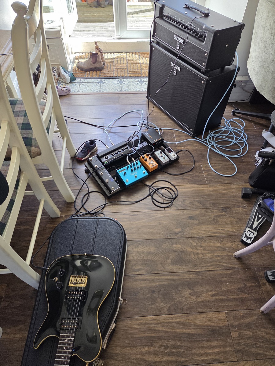 Pedalboard by chadthebastard featuring Boss Katana Artist Head MkII 100-watt Guitar Amp Head, Boss Waza 2x12" Guitar Speaker Cabinet, and Strymon BigSky and 3 more pieces of gear