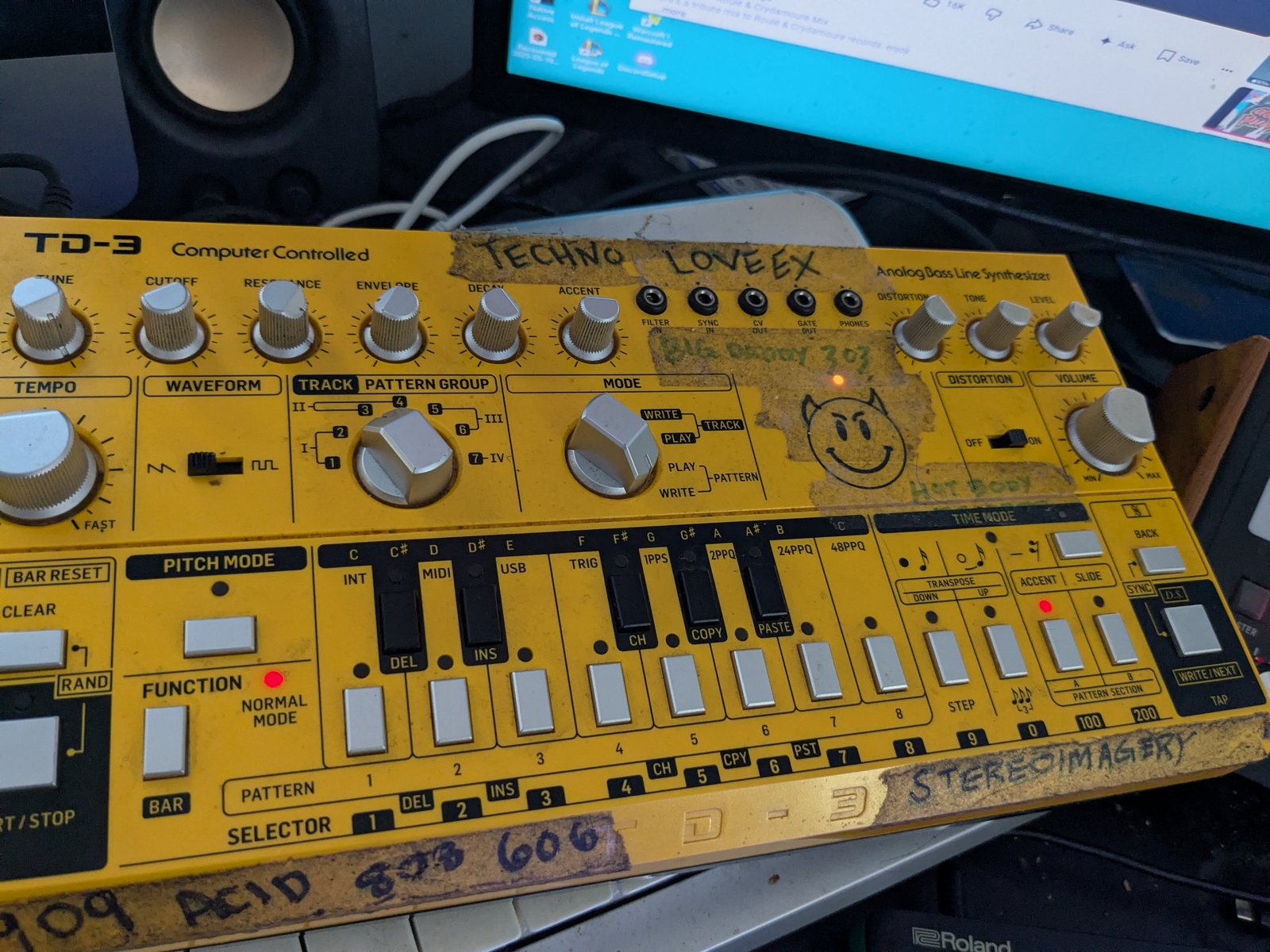 Electronic Studio Setup by stereoimagery featuring Behringer TD-3 AM Yellow Acid Smiley Edition