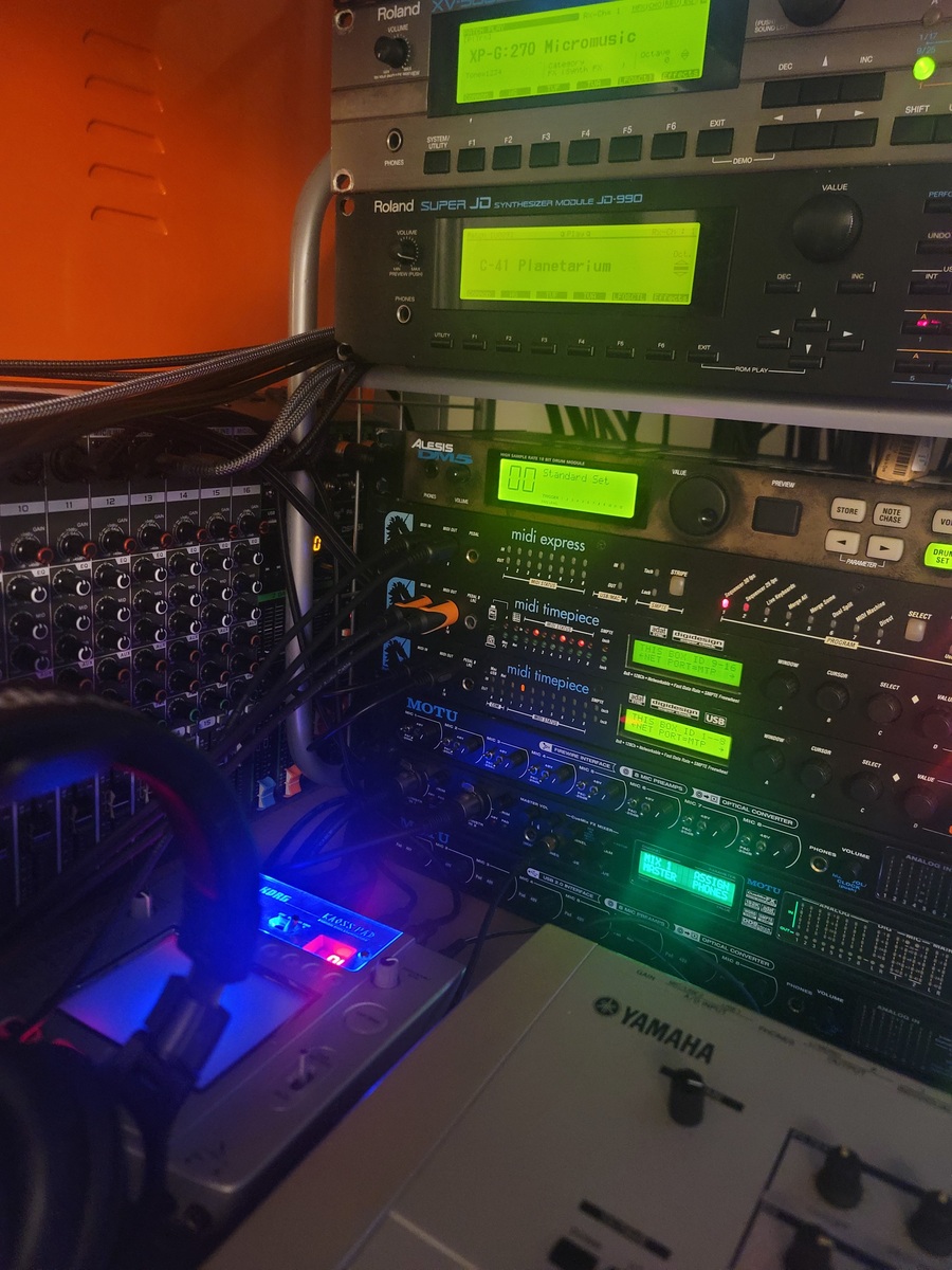 Electronic Studio Setup by orcasynth featuring Roland JD-990, Alesis DM5, and Motu Midi Express XT USB and 9 more pieces of gear