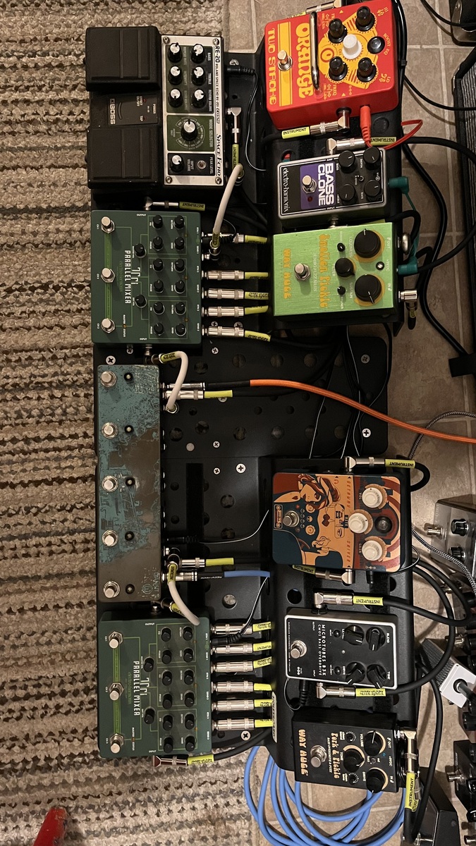 Music Gear Setup by holdoncrimpy featuring Darkglass Electronics Microtubes B3K V2 CMOS Bass Overdrive, Way Huge WHE214 Pork and Pickle Overdrive & Fuzz, and Orange Getaway Driver Overdrive Pedal and 8 more pieces of gear