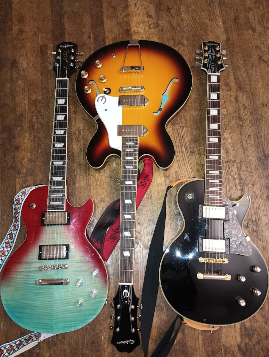 Music Gear Setup by wannabeatle featuring Epiphone Casino, Epiphone Les Paul Custom, and Epiphone Les Paul Modern Figured Electric Guitar