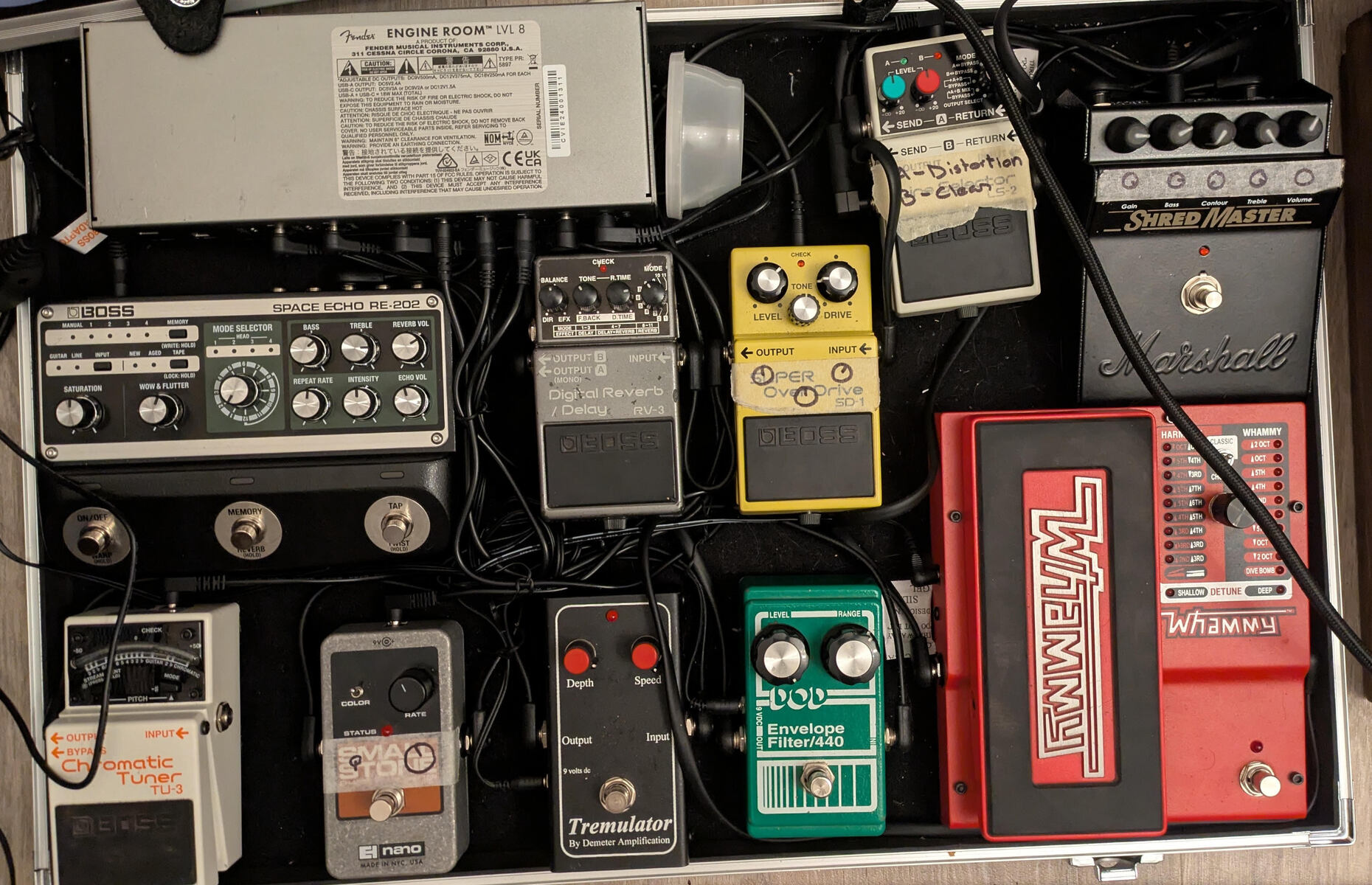 Boss Pedalboard by daniel_korhonen featuring Boss TU-3 Chromatic Tuner, Electro-Harmonix Nano Small Stone, and Demeter Amplification TRM-1 Tremulator and 8 more pieces of gear