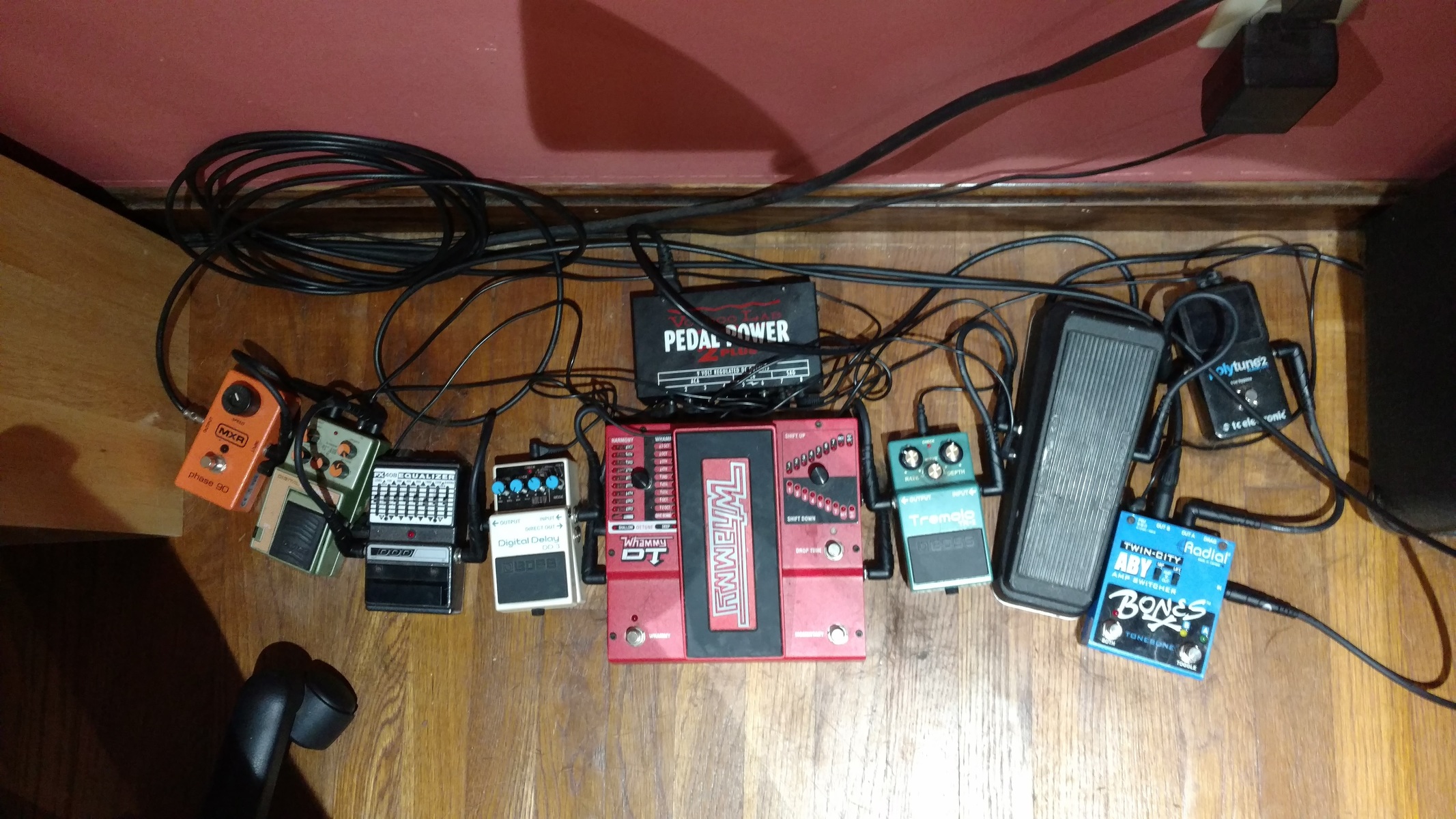 Music Gear Setup by jswatson0917 featuring DigiTech Whammy DT, Boss TR-2 Tremolo, and Radial Twin City ABY Switcher and 7 more pieces of gear