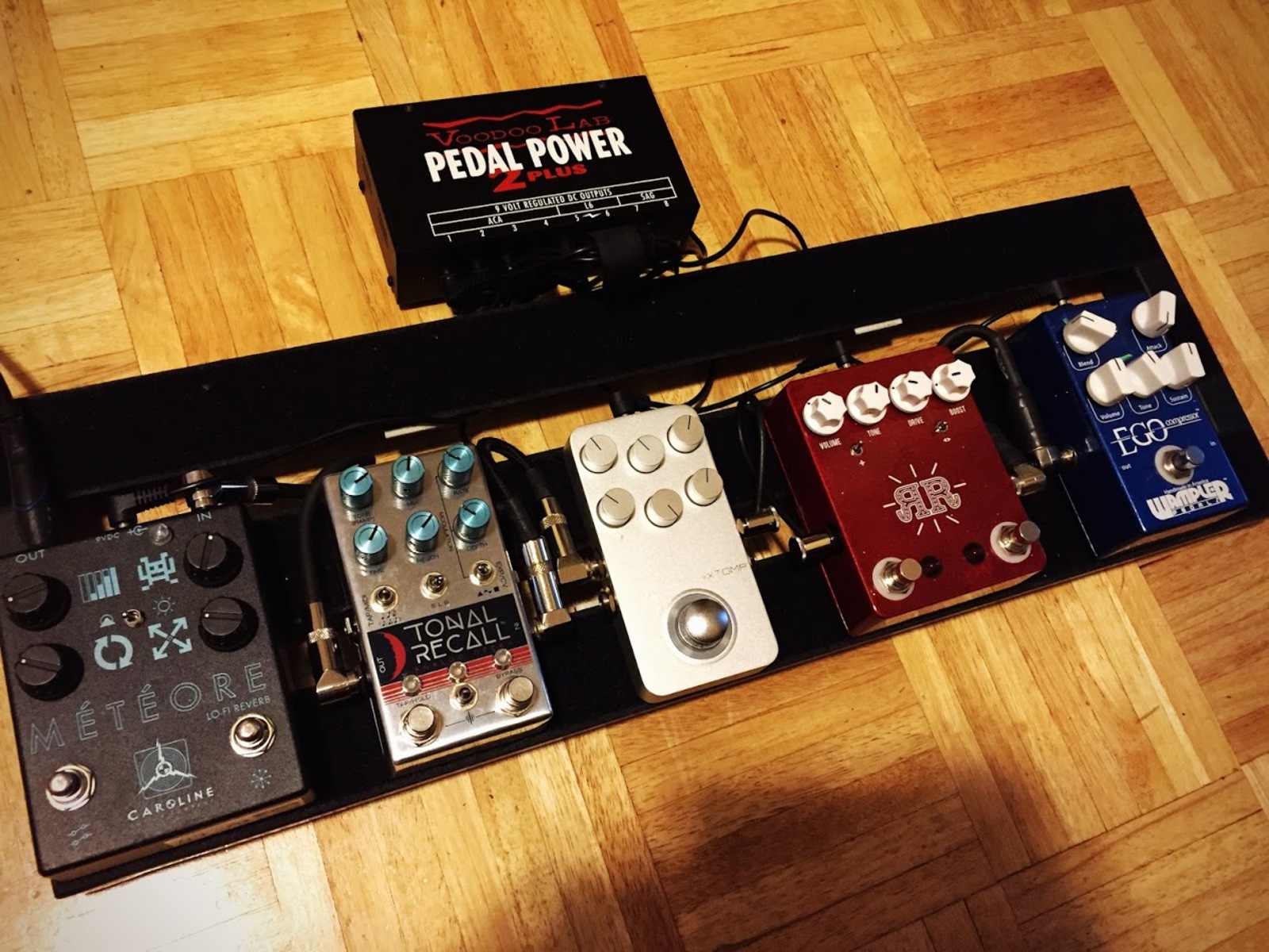 Music Gear Setup by keoni_boyer featuring Wampler Ego Compressor, Voodoo Lab Pedal Power 2 PLUS, and Caroline Guitar Company Météore Lo-Fi Reverb and 1 more piece of gear
