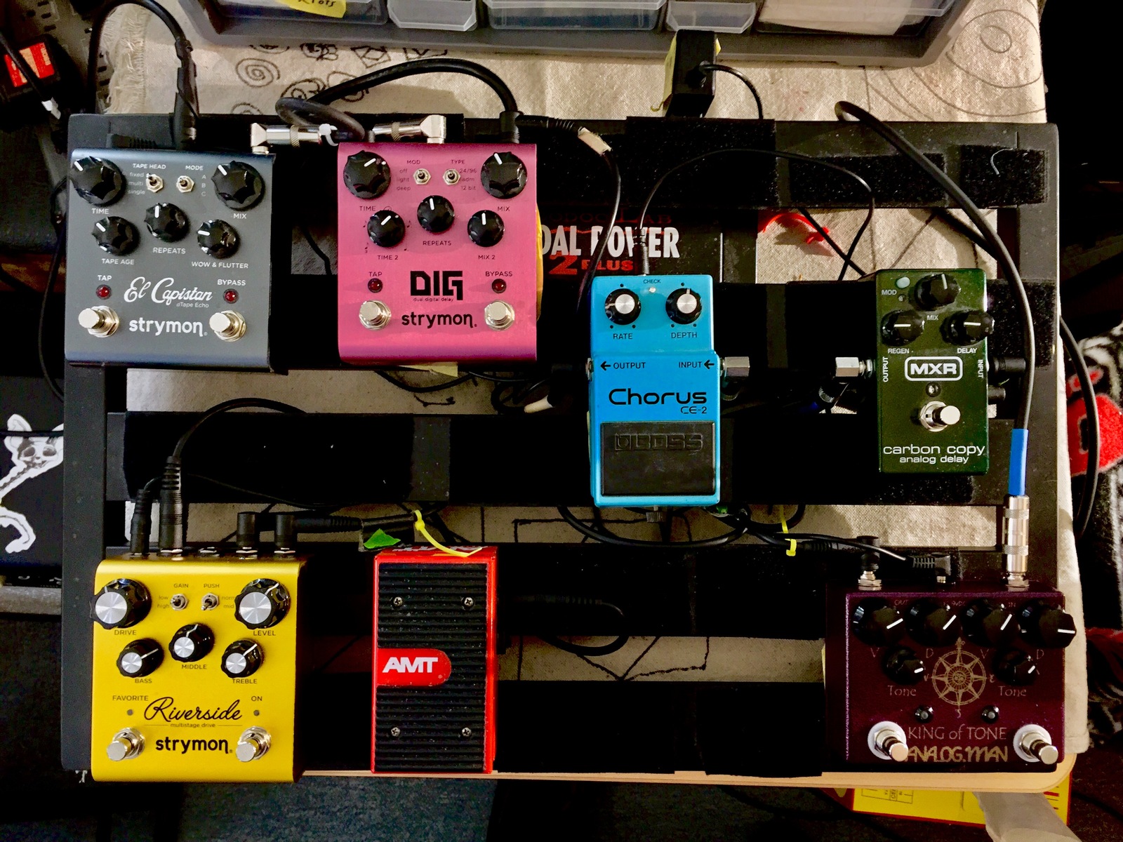 Strymon Music Gear Setup by skulltower featuring Analog Man King of Tone Overdrive, MXR M169 Carbon Copy, and Strymon El Capistan dTape Echo and 4 more pieces of gear