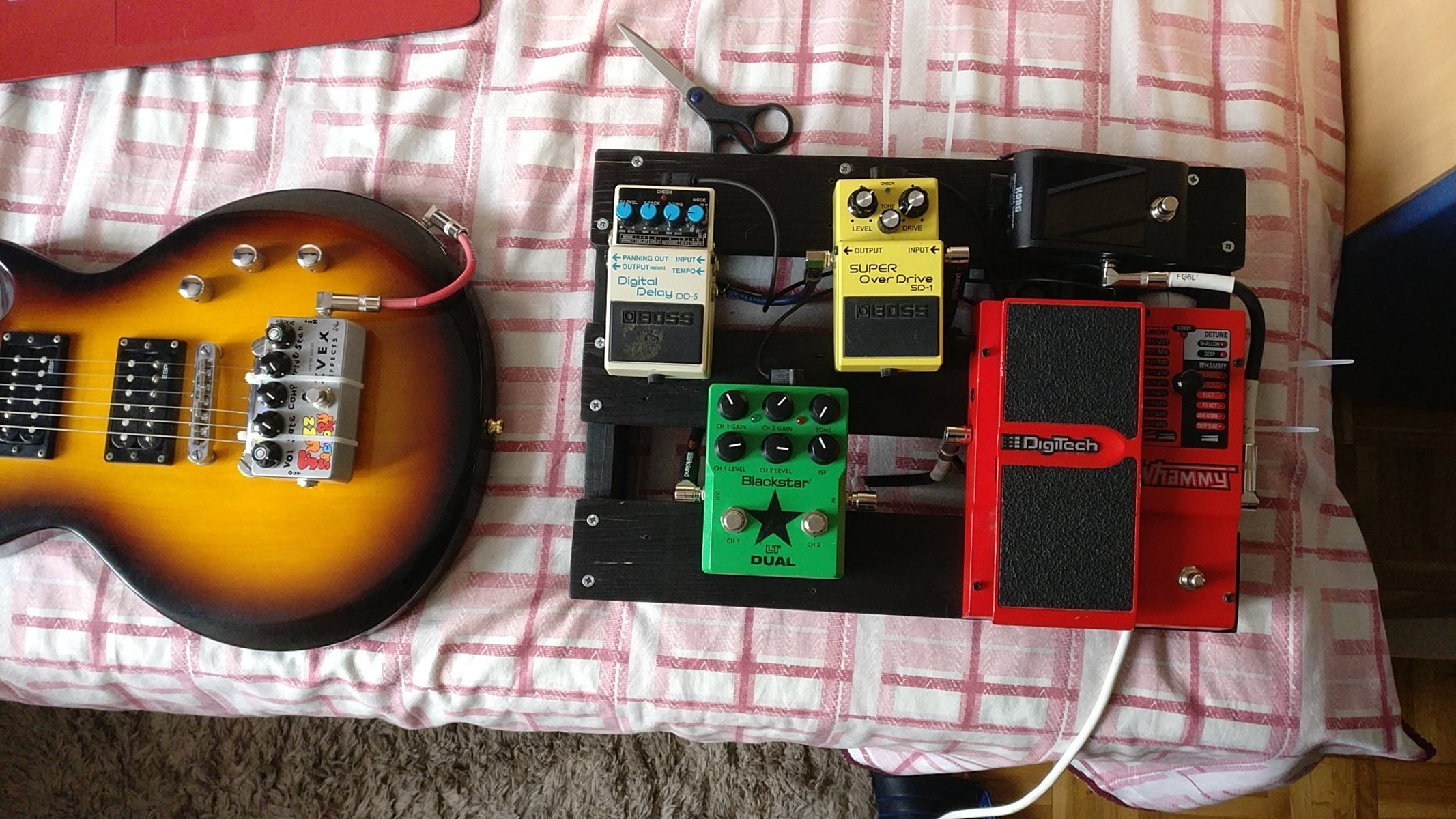 Pedalboard by obradoom featuring ESP LTD EC-50, ZVEX Vexter Series Fuzz Factory, and Korg Pitchblack Custom and 4 more pieces of gear