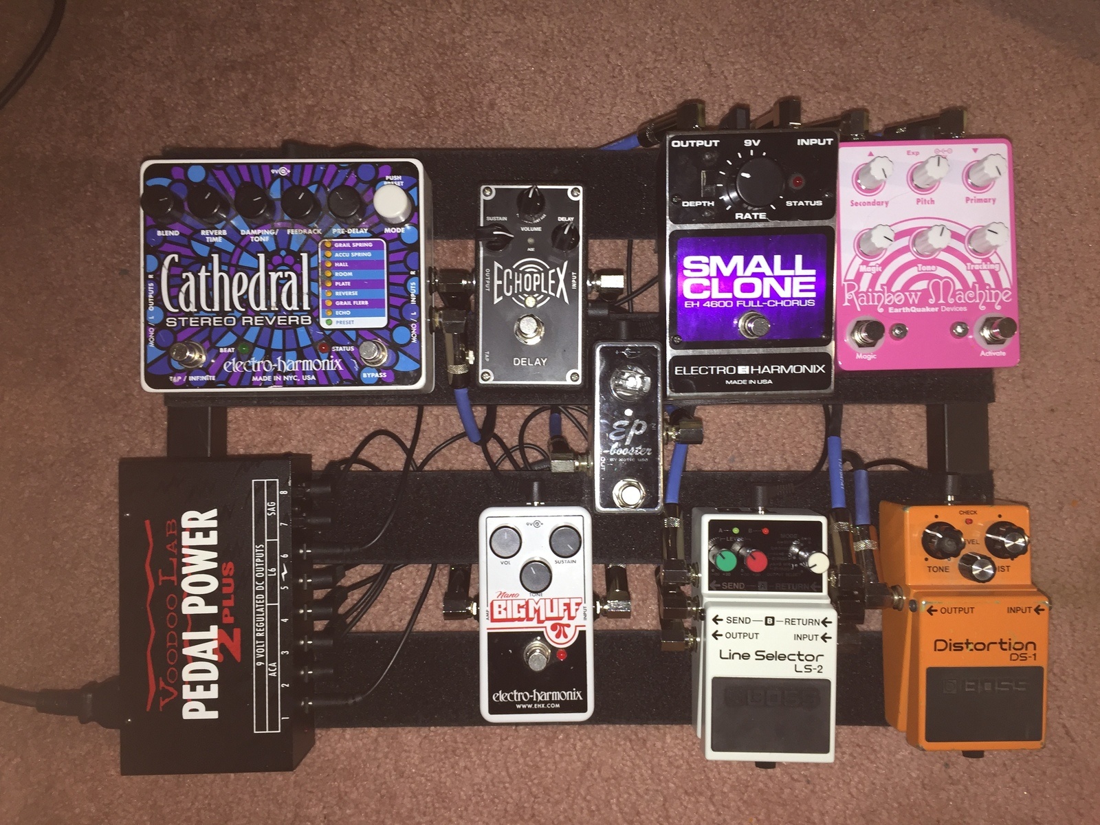 Pedalboard by ron_beaudet featuring Electro-Harmonix Cathedral Stereo Reverb, Electro-Harmonix Nano Big Muff Pi, and Boss LS-2 Line Selector and 7 more pieces of gear