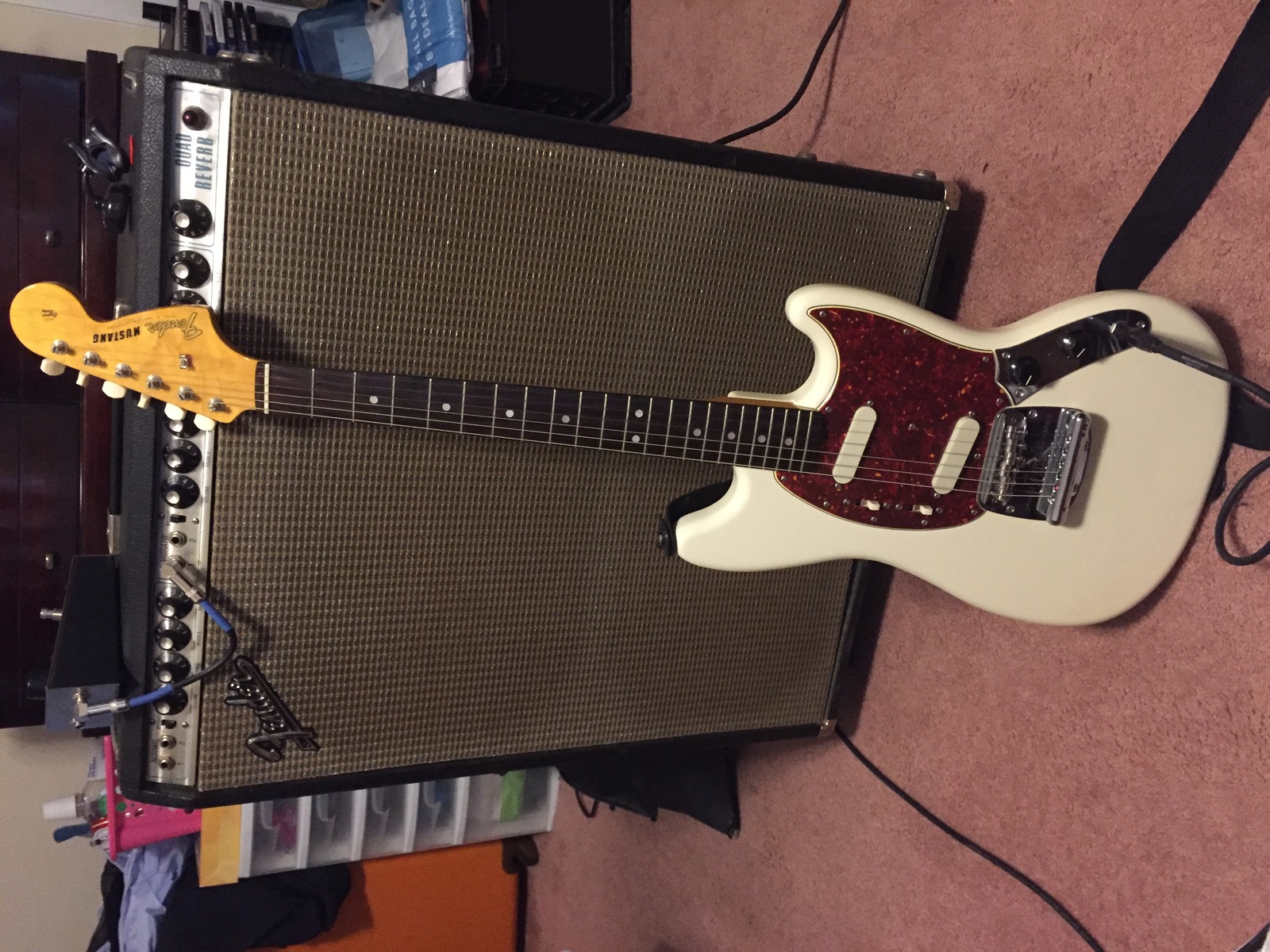 Fender Amp Rig by ron_beaudet featuring Fender Mustang MG-65 Reissue, Fender Quad Reverb Amplifier, and Electro-Harmonix EH-4600 Small Clone and 1 more piece of gear