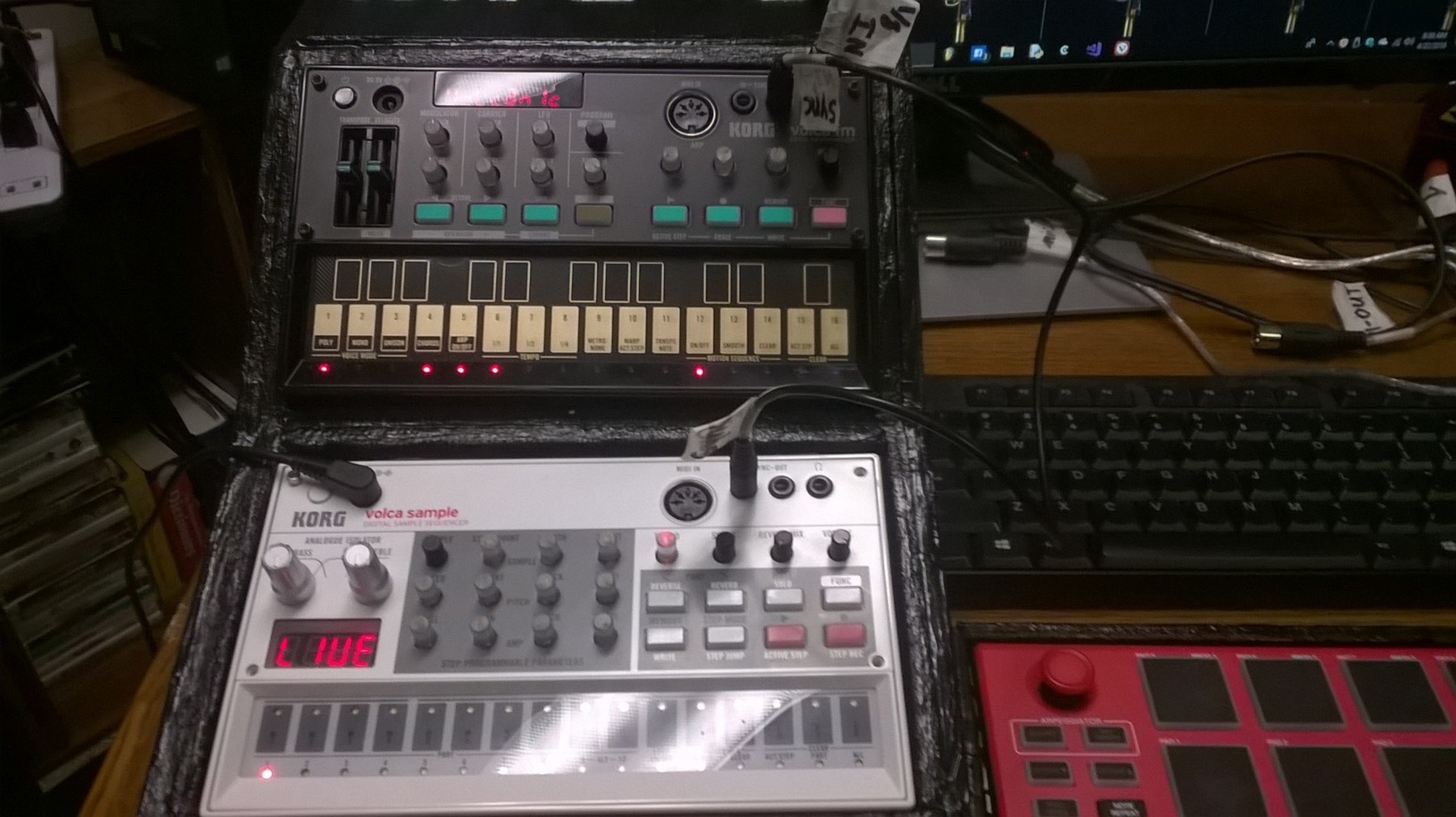 Electronic Studio Setup by gramzy featuring Akai Professional RED MPK MINI MKII, Korg Volca Sample, and Korg Volca FM