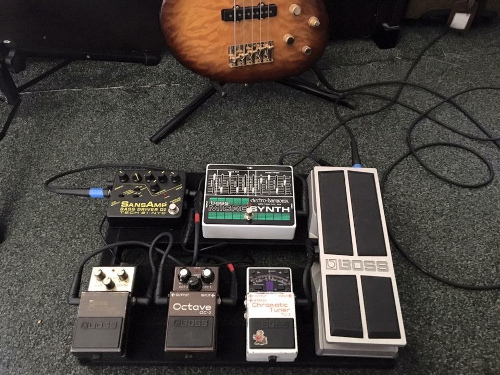 Music Gear Setup by alexmoore10 featuring Boss OC-2 Octaver, Boss TU-2 Chromatic Tuner, and Electro-Harmonix Bass Micro Synth XO and 3 more pieces of gear