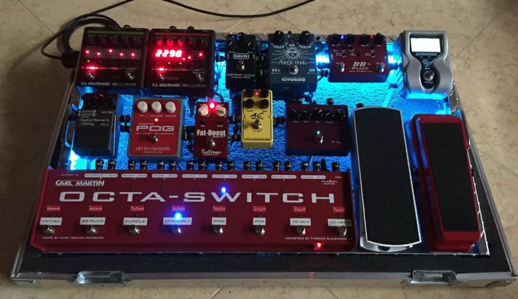 Music Gear Setup by jboo featuring Electro-Harmonix Micro POG Polyphonic Octave Generator, Boss RV-3 Digital Reverb/Delay, and Fulltone FB-2 FatBoost and 5 more pieces of gear