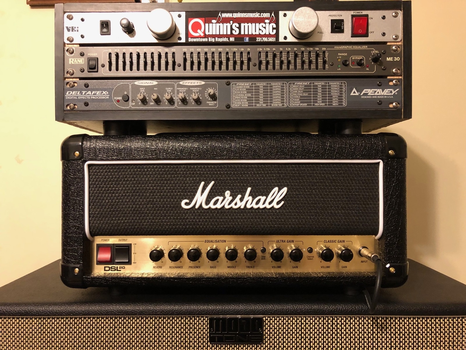 Amp Rig by petepetrich77 featuring Rane ME 30, Marshall DSL20HR, and Peavey Deltafex Rack Digital Effects Processor