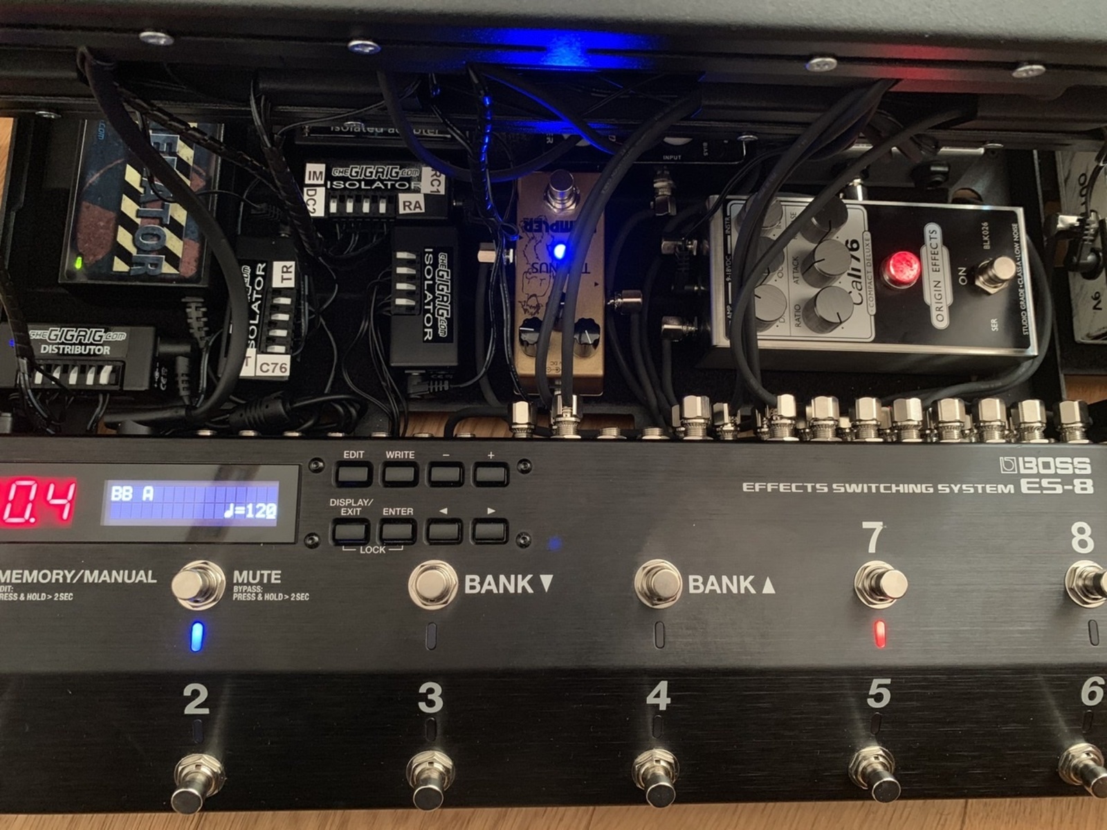 The GigRig Music Gear Setup by simon_john featuring Boss ES-8 Effects Switching System, The GigRig Generator, and Origin Effects Cali76 Compact Deluxe and 2 more pieces of gear