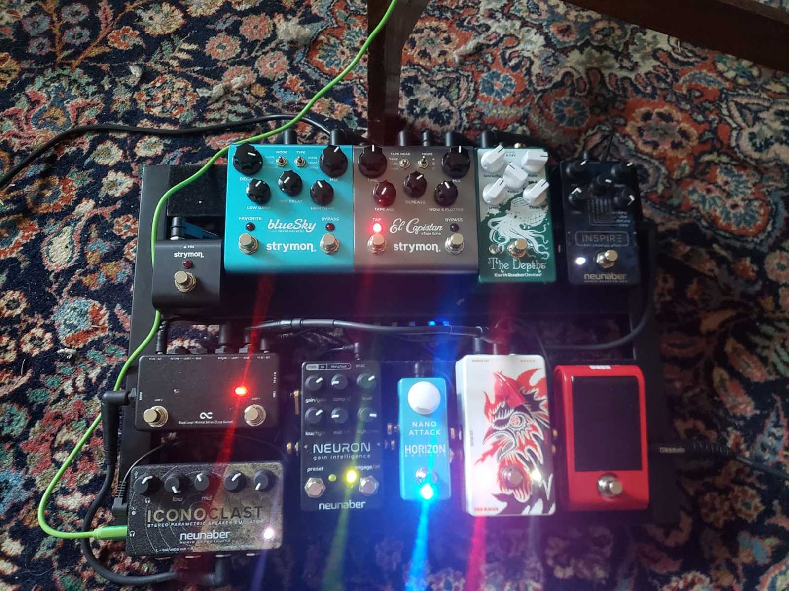 Pedalboard by nicholas_spevak featuring Strymon El Capistan dTape Echo, Strymon blueSky Reverberator, and EarthQuaker Devices The Depths V2 and 9 more pieces of gear