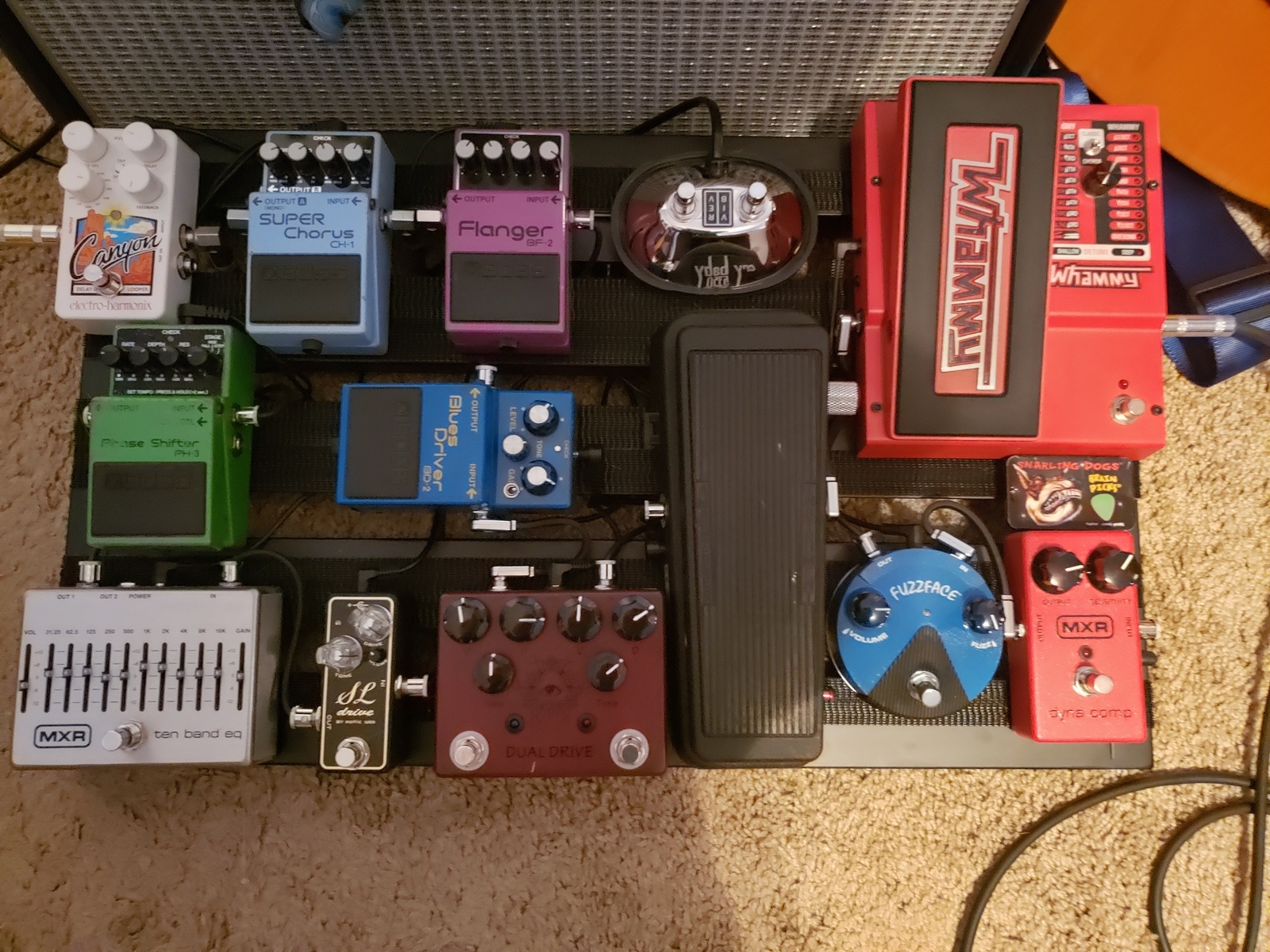 MXR Music Gear Setup by kaleb_kennison featuring MXR M102 Dyna Comp, Analog Man King of Tone Overdrive, and Xotic Effects SL Drive and 1 more piece of gear