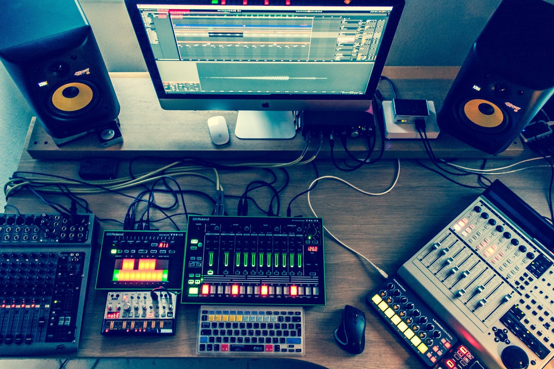 Electronic Studio Setup by alumomusic featuring KRK ROKIT 8 G2 Studio Monitor, Roland AIRA TR-8, and Novation Launch Control and 1 more piece of gear