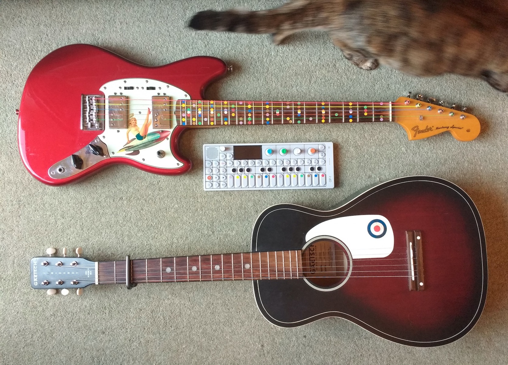 Electronic Synth Setup by mylittleeye featuring Teenage Engineering OP-1 Portable Synthesizer, Gretsch G9500 Jim Dandy, and Fender Pawn Shop Mustang Special and 2 more pieces of gear