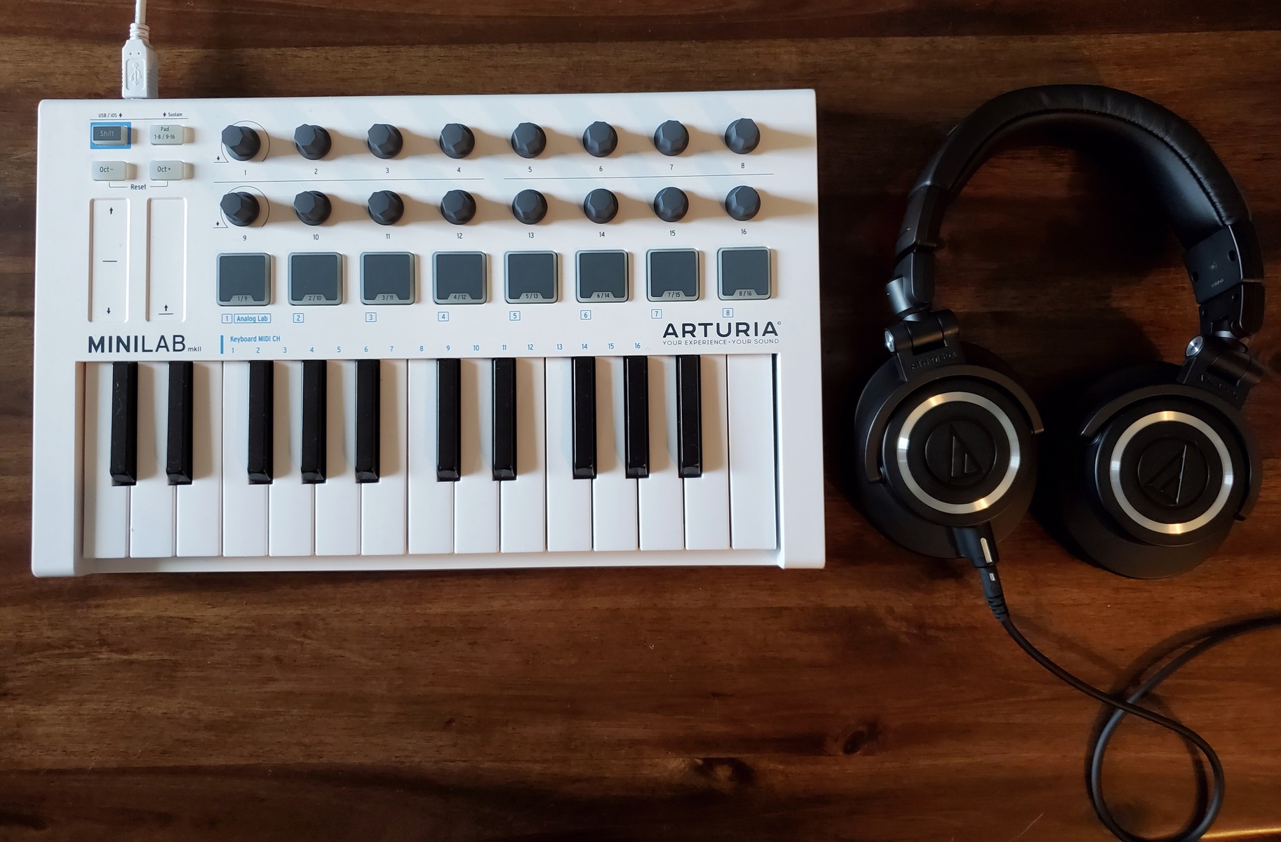 Audio-Technica Music Gear Setup by paul_vincent featuring Audio-Technica ATH-M50 Professional Studio Monitor Headphones and Arturia MiniLab Mk II