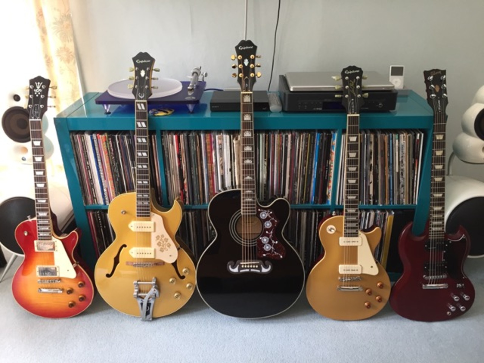 Epiphone Music Gear Setup by chromaticism featuring Epiphone EJ-200SCE/ BK, Epiphone 1956 Les Paul Standard Pro, and Epiphone ES-295 and 2 more pieces of gear