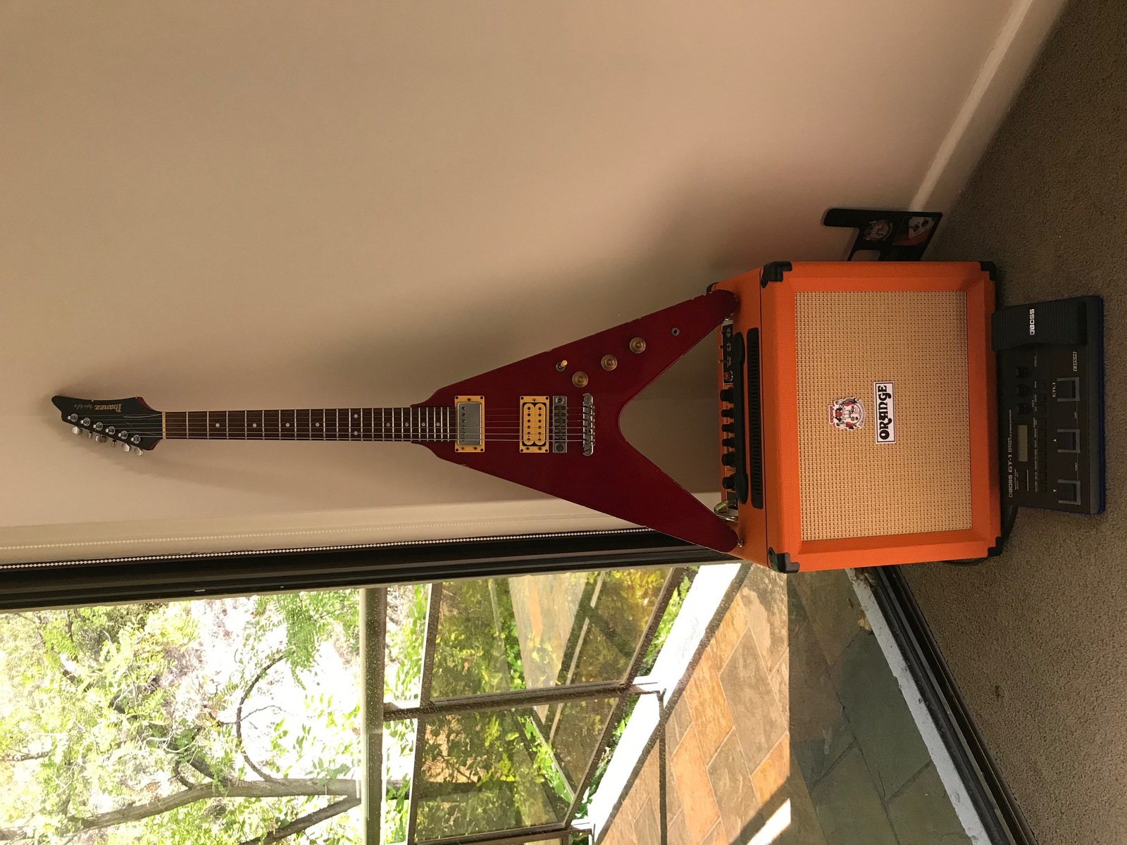 Amp Rig by chromaticism featuring BOSS GT-1 Guitar Effects Processor, Orange Rocker 15, and Ibanez Rocket Roll II RR50FR