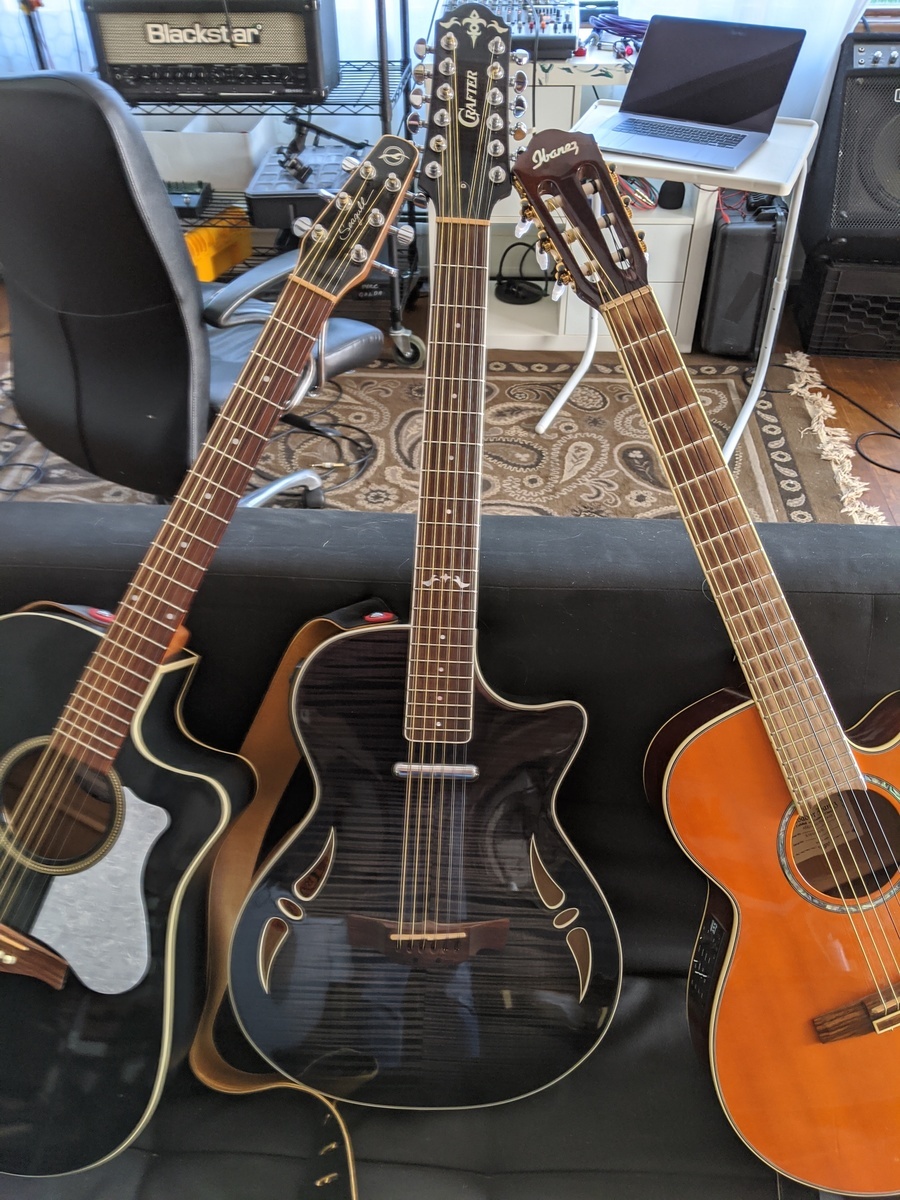 Music Gear Setup by gregoryfrost featuring Seagull Entourage Rustic, Black Ibanez AEG10E, and Crafter SAT-QMOS