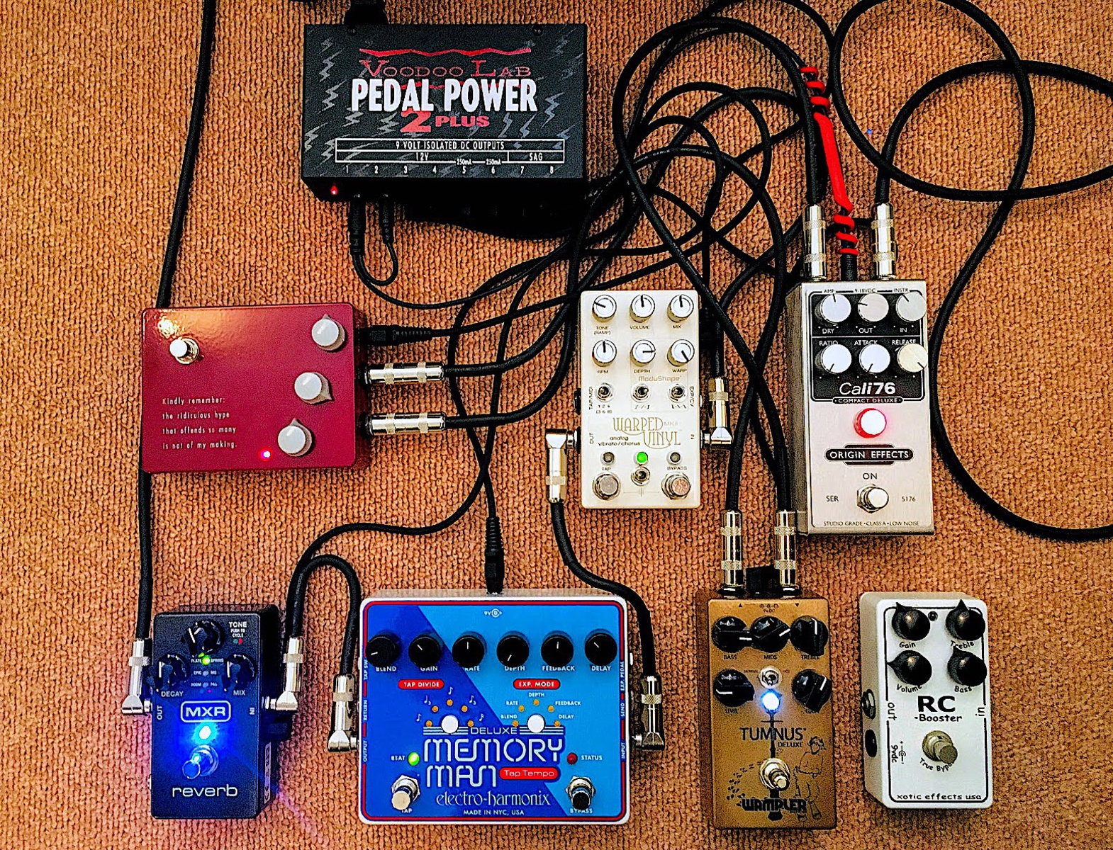 Music Gear Setup by waipio featuring Xotic Effects RC Booster, Electro-Harmonix Deluxe Memory Man with Tap Tempo, and Klon KTR and 5 more pieces of gear