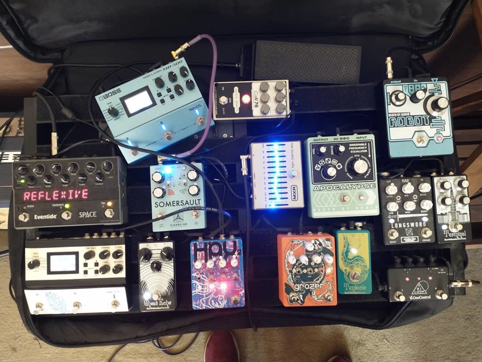 Music Gear Setup by eugene_blac featuring Death By Audio Apocalypse, EarthQuaker Devices Terminal, and Moog EP-3 Expression Pedal and 14 more pieces of gear