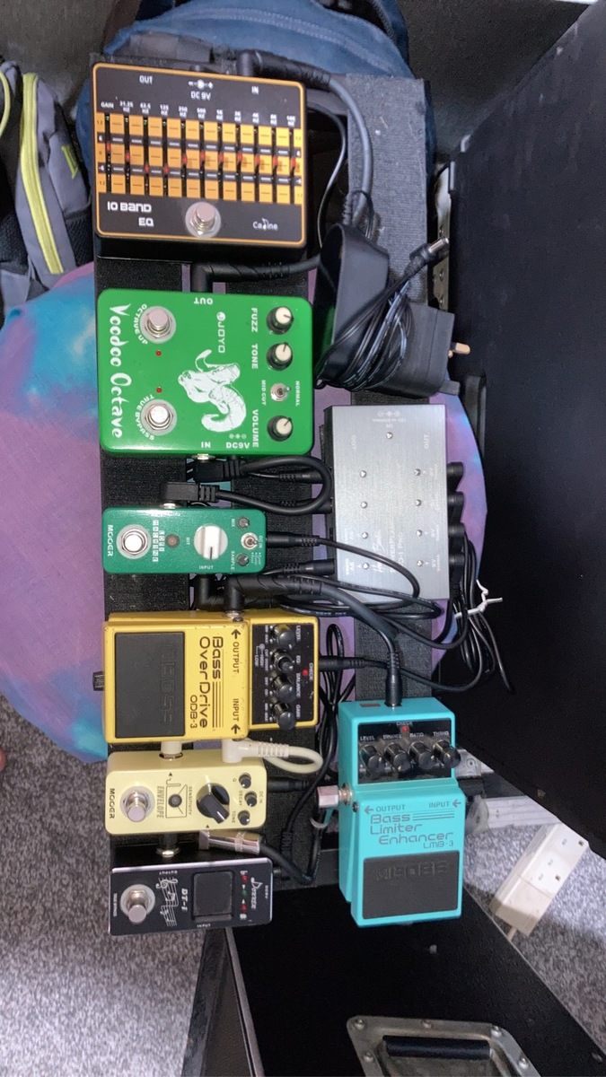 Metal Pedalboard by jordan_windram featuring Boss LMB-3 Bass Limiter/Enhancer, Boss ODB-3 Bass OverDrive, and Donner DT-1 Guitar Chromatic Auto Pedal Tuner and 7 more pieces of gear